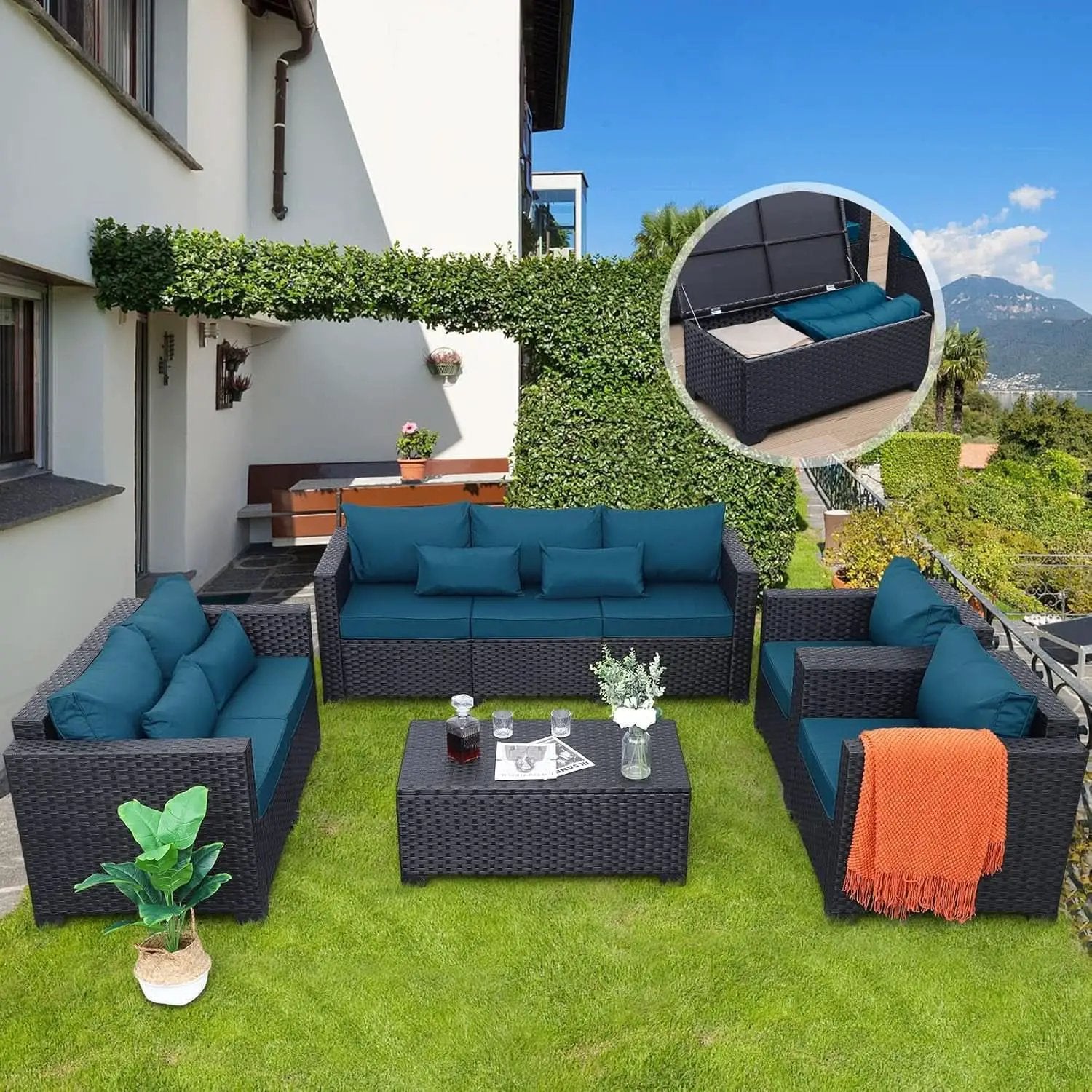 Peacock Blue 5 Piece Patio Furniture Set With Anti Slip Cushions And Covers from PriceLows™