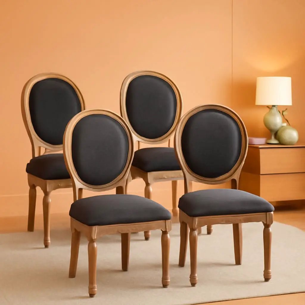 Set Of 4 French Vintage Dining Chairs Solid Wood Frame Tufted Fabric from PriceLows™
