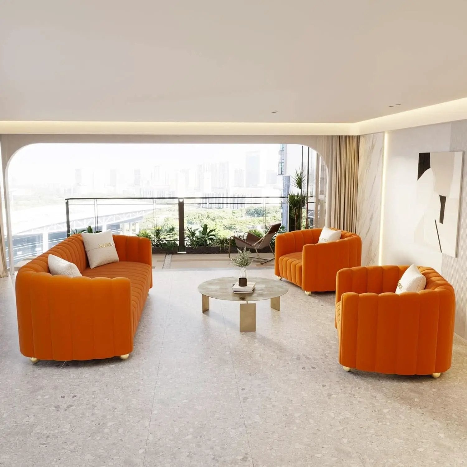 Orange Velvet Tufted Sofa Set With Gold Ball Legs Modern from PriceLows™