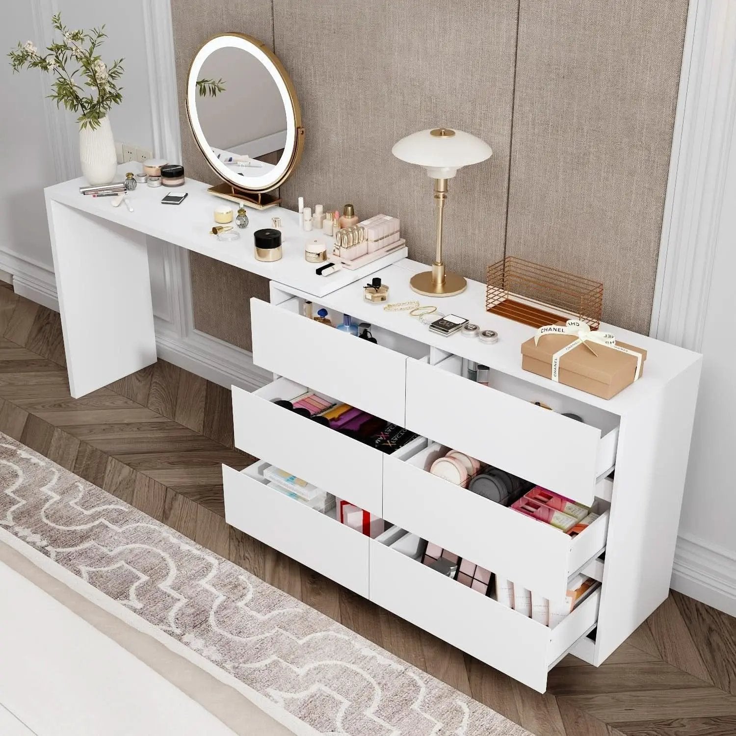 6 Drawer Dresser With Rotatable Tabletop White Home Office from PriceLows™