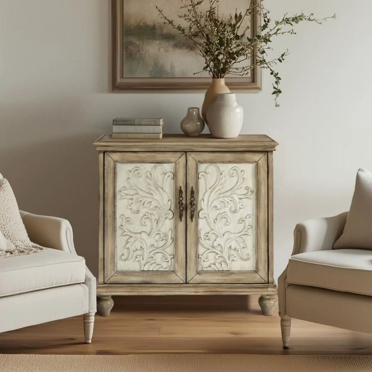 Driscoll 2 Door Cabinet | Carved Floral Front | Reclaimed Natural Finish | Magnetic Door Catches