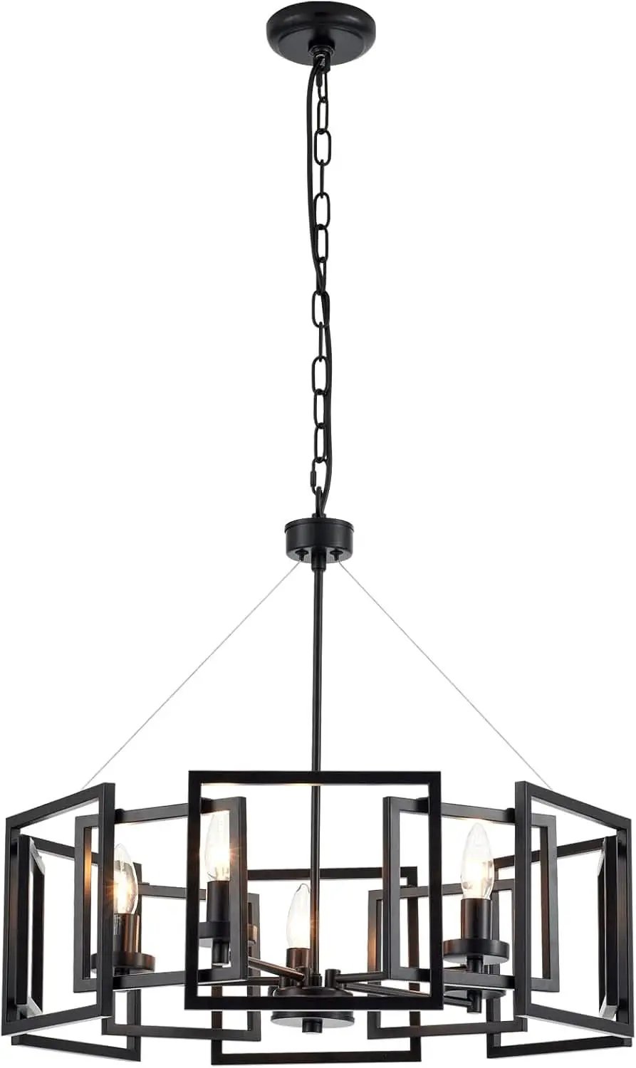 Industrial Style Five Light Matte Black Pendant Chandelier from PriceLows™