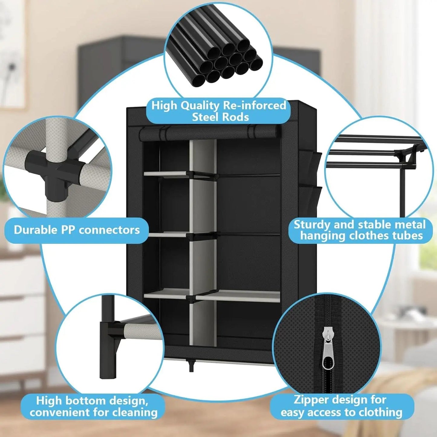 Portable Closet Organizer Black With 6 Shelves And Rod from PriceLows™