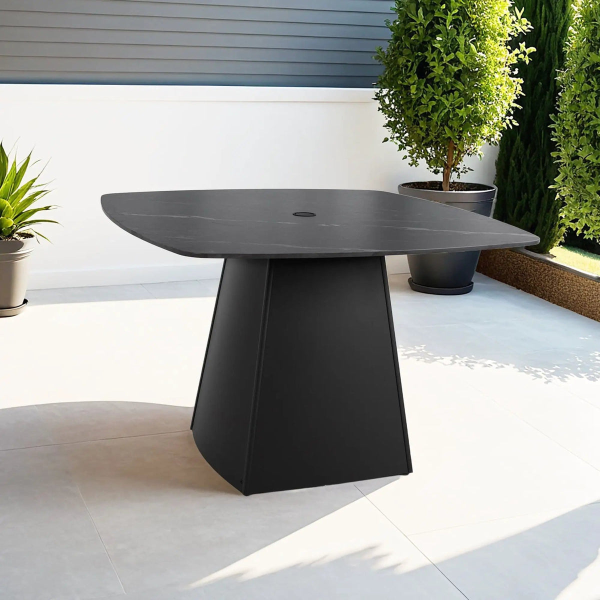 Rounded Square Outdoor Pedestal Dining Table | 2 Pieces | Aluminum & Stone | Dining Room