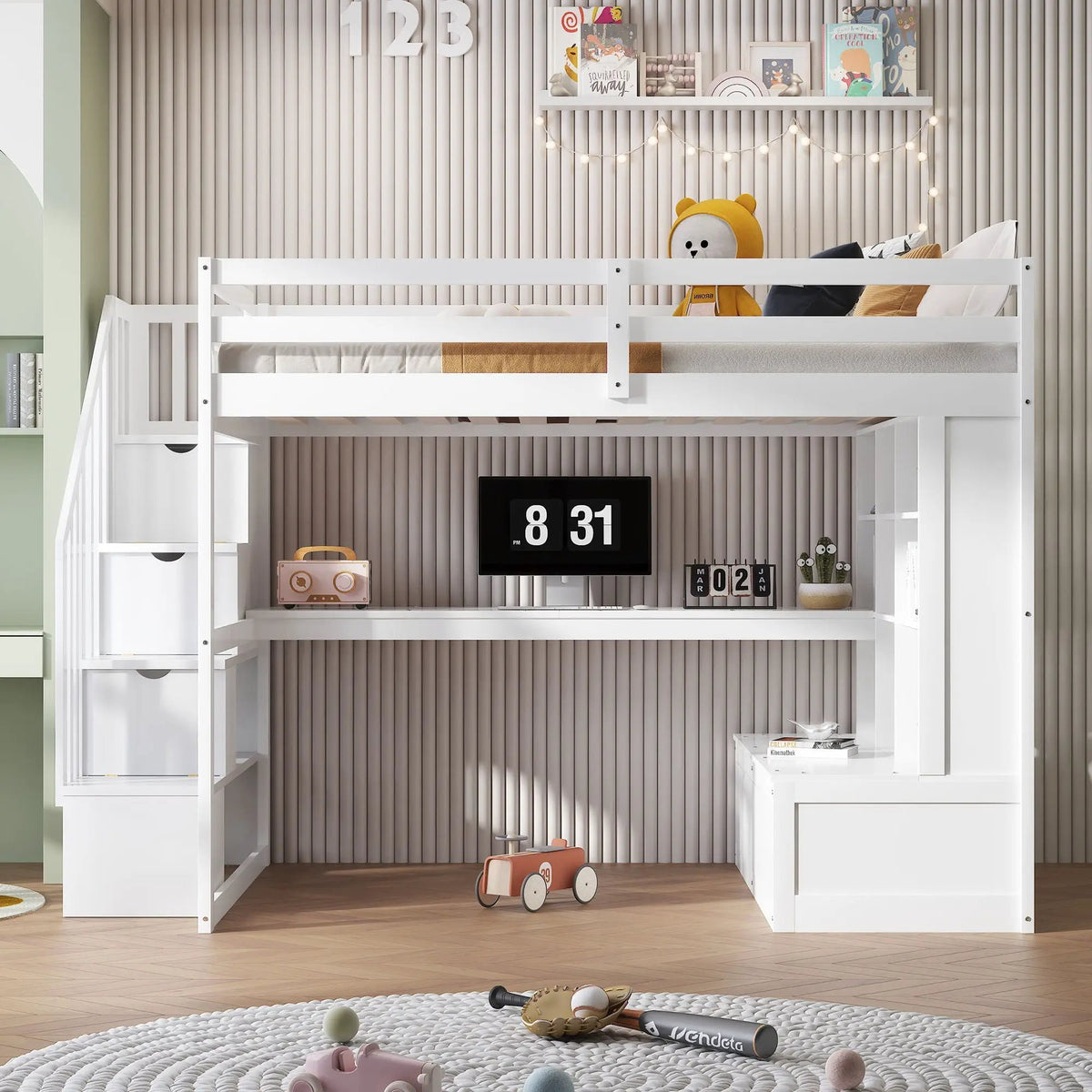 Full Size Loft Bed | Desk And Shelves | Storage Staircase | White