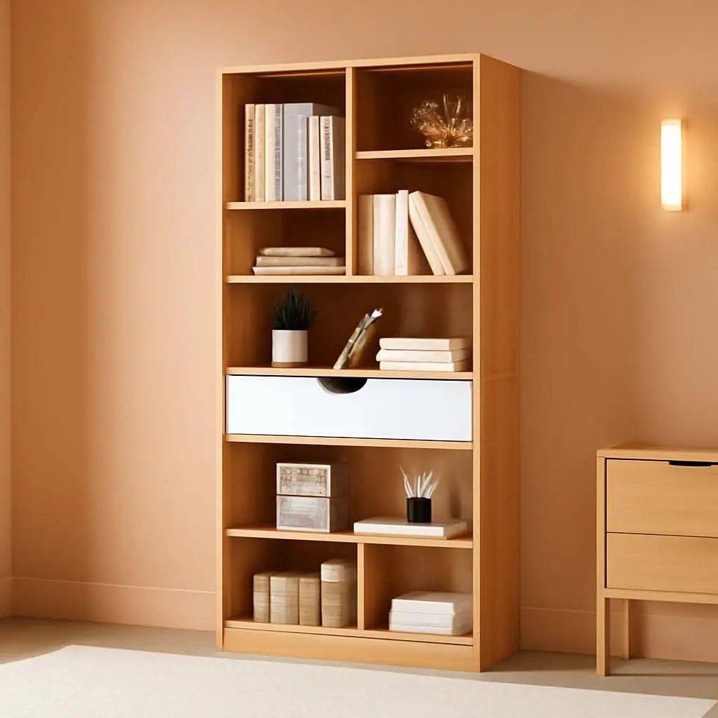 Maple Yellow Wooden Bookcase With Drawer And Cube Shelves from PriceLows™