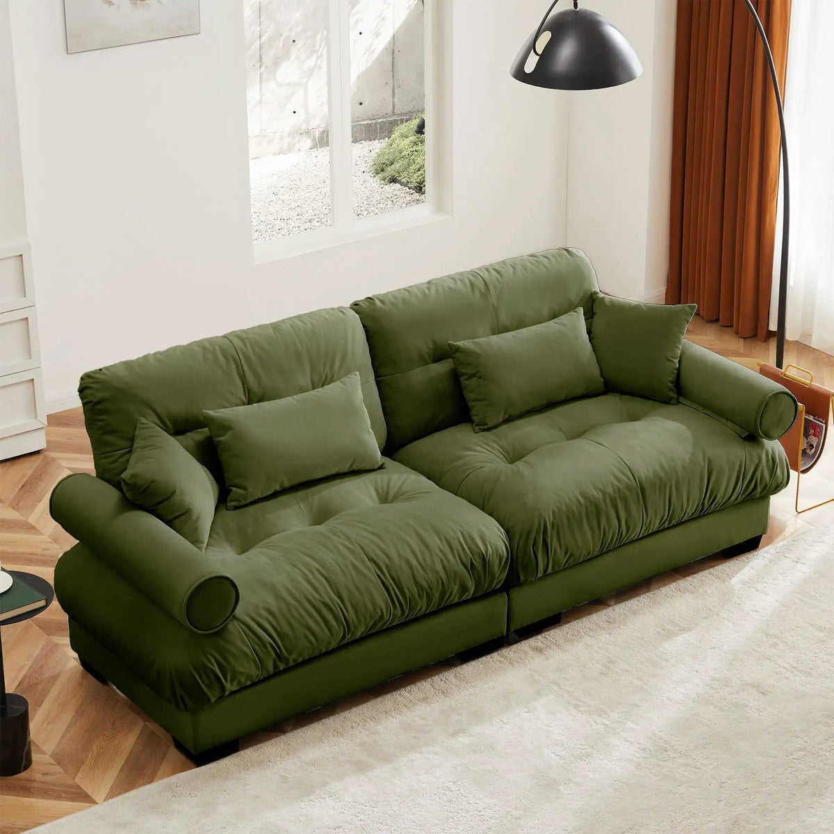 Modern Sofa | Bolstered Armrests | Cloud Cushions | Vintage Fabric