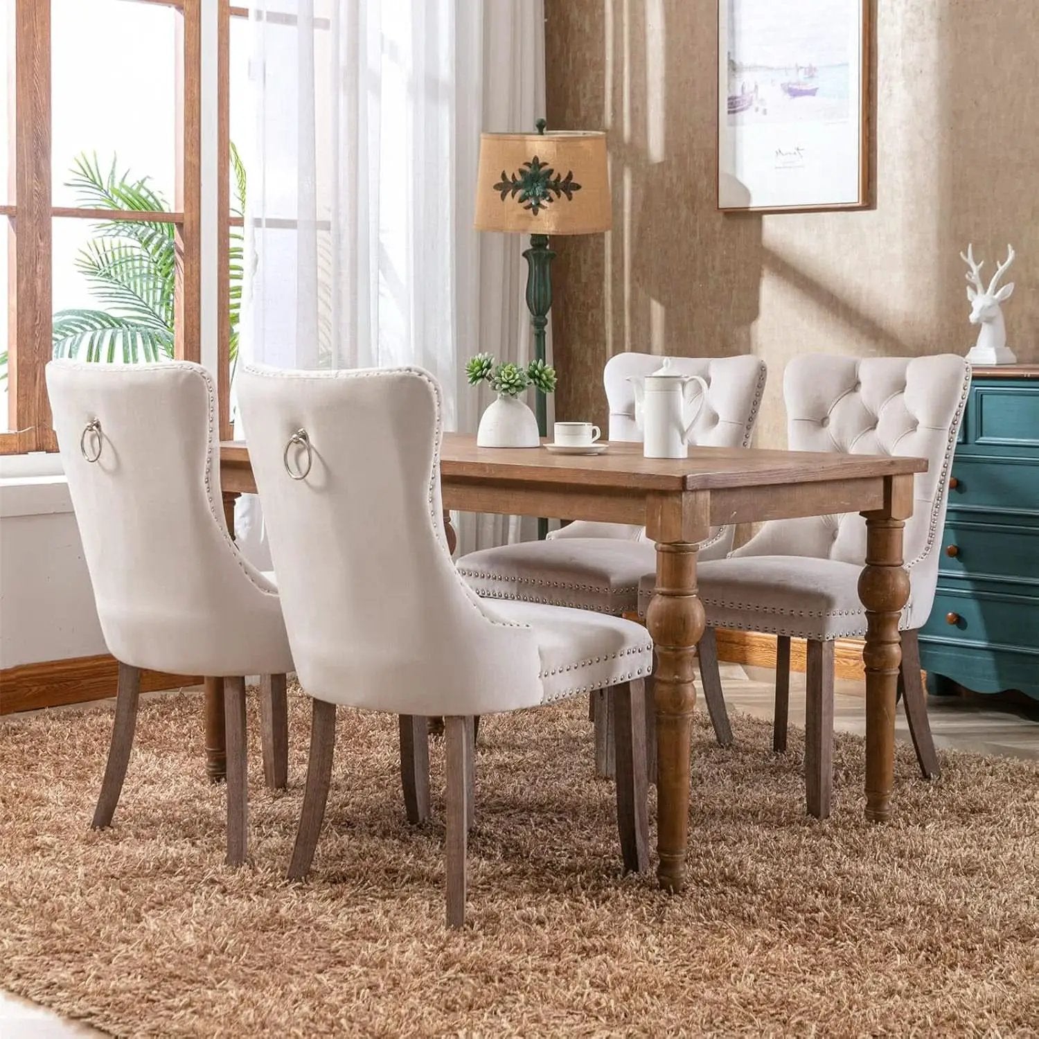 Beige Velvet Tufted Dining Chairs 4 Pack With Nailhead Trim from PriceLows™