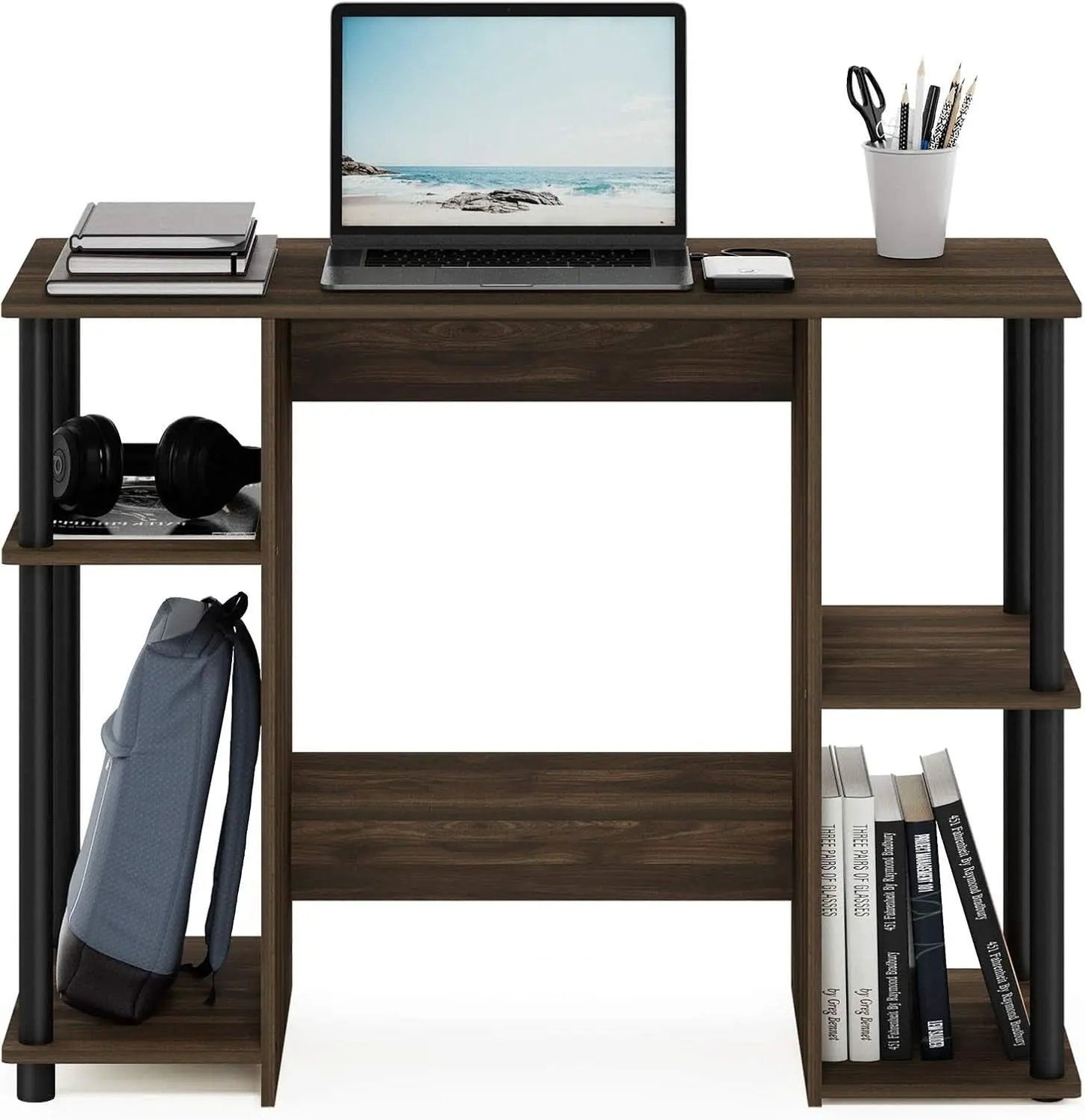 Walnut Computer Desk With Storage Shelves For Small Spaces from PriceLows™