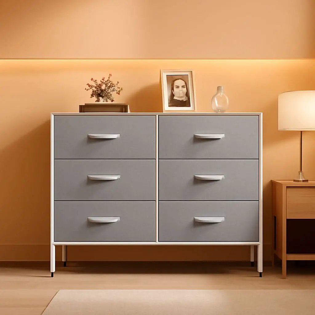 Light Grey Fabric Dresser With 5 Drawers And Drawer Organizers from PriceLows™
