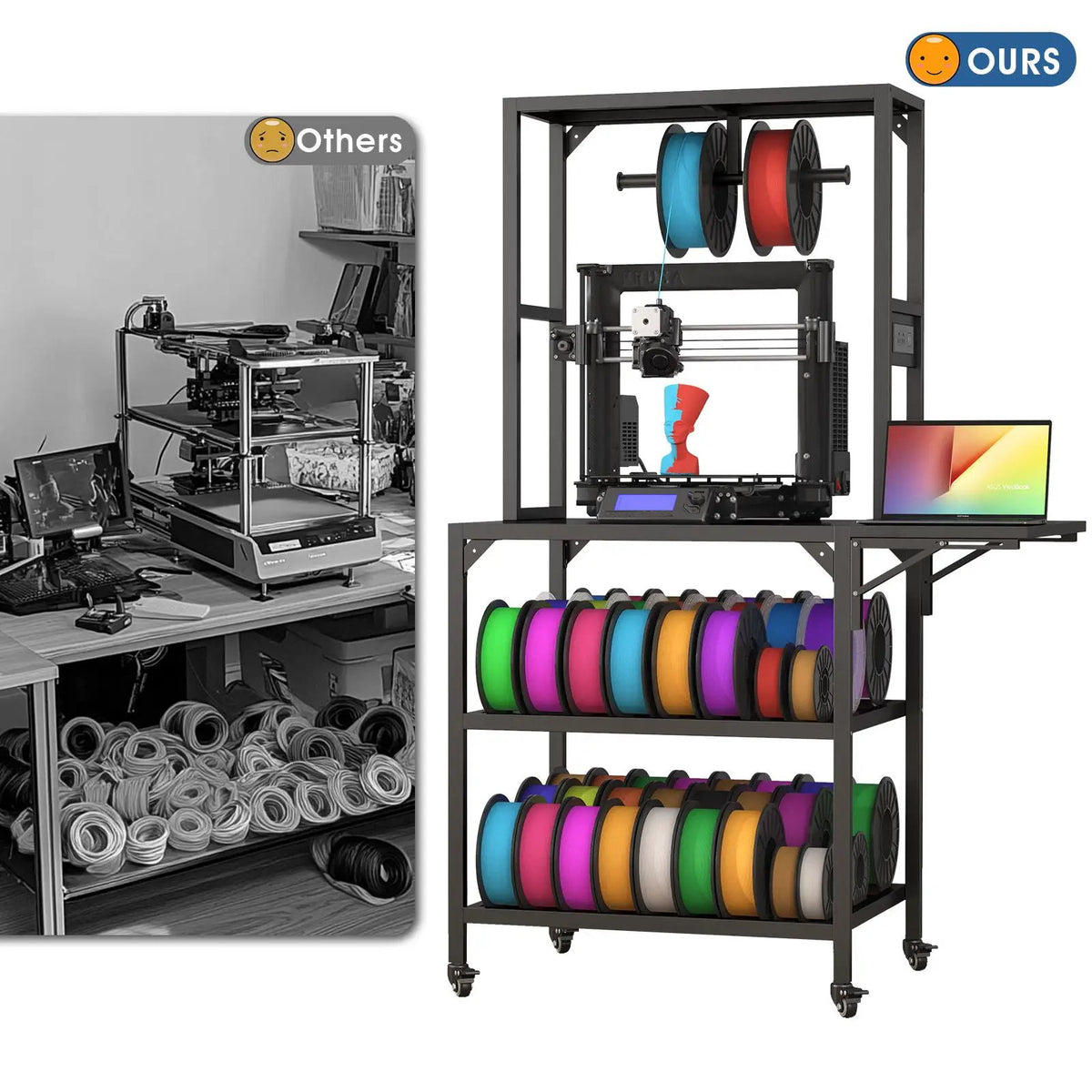 Heavy Duty 3D Printer Stand | Filament Storage Rack | Holds 54 Spools | Black Metal