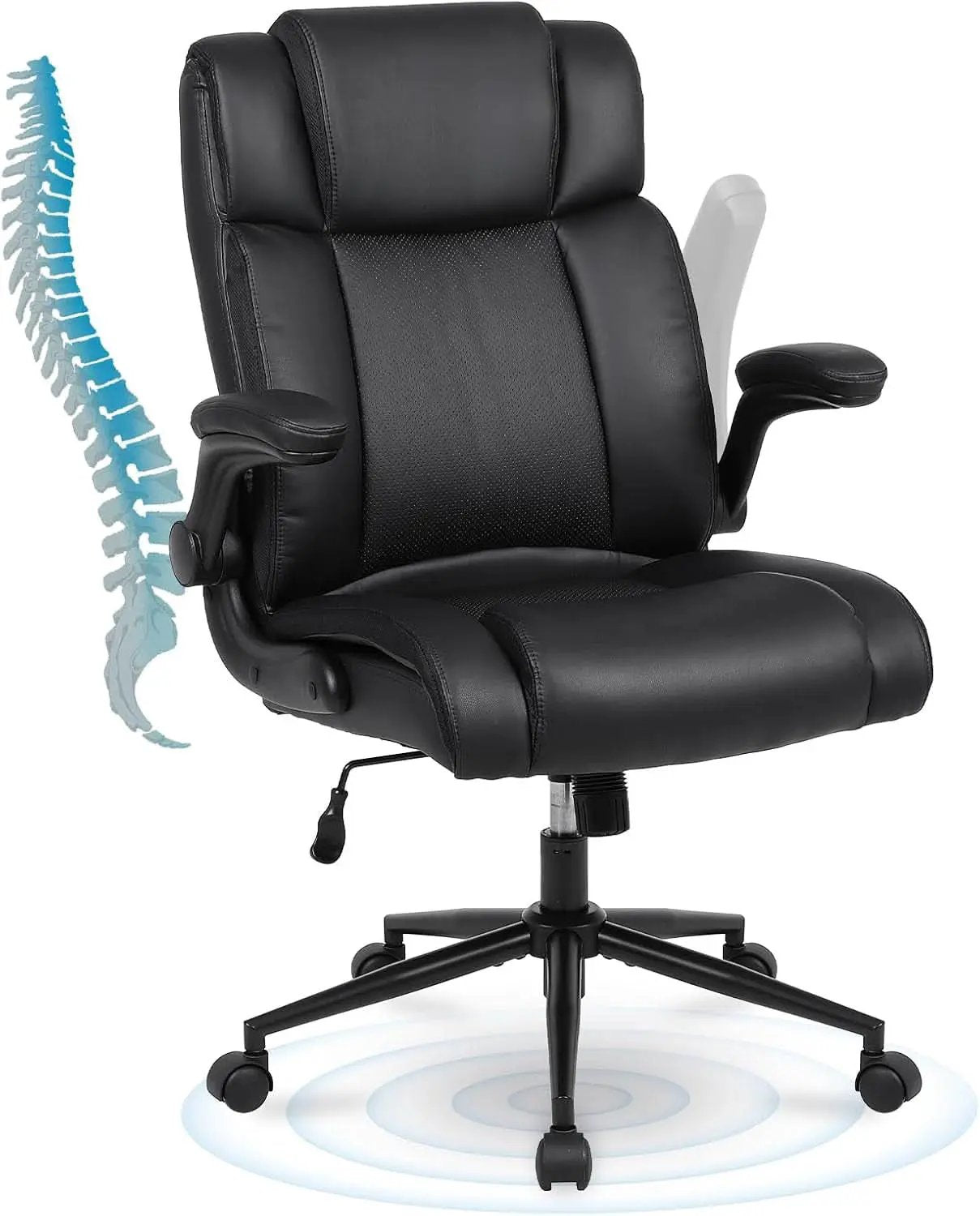 Black Leather Office Chair With Flip Up Armrests And Wheels from PriceLows™