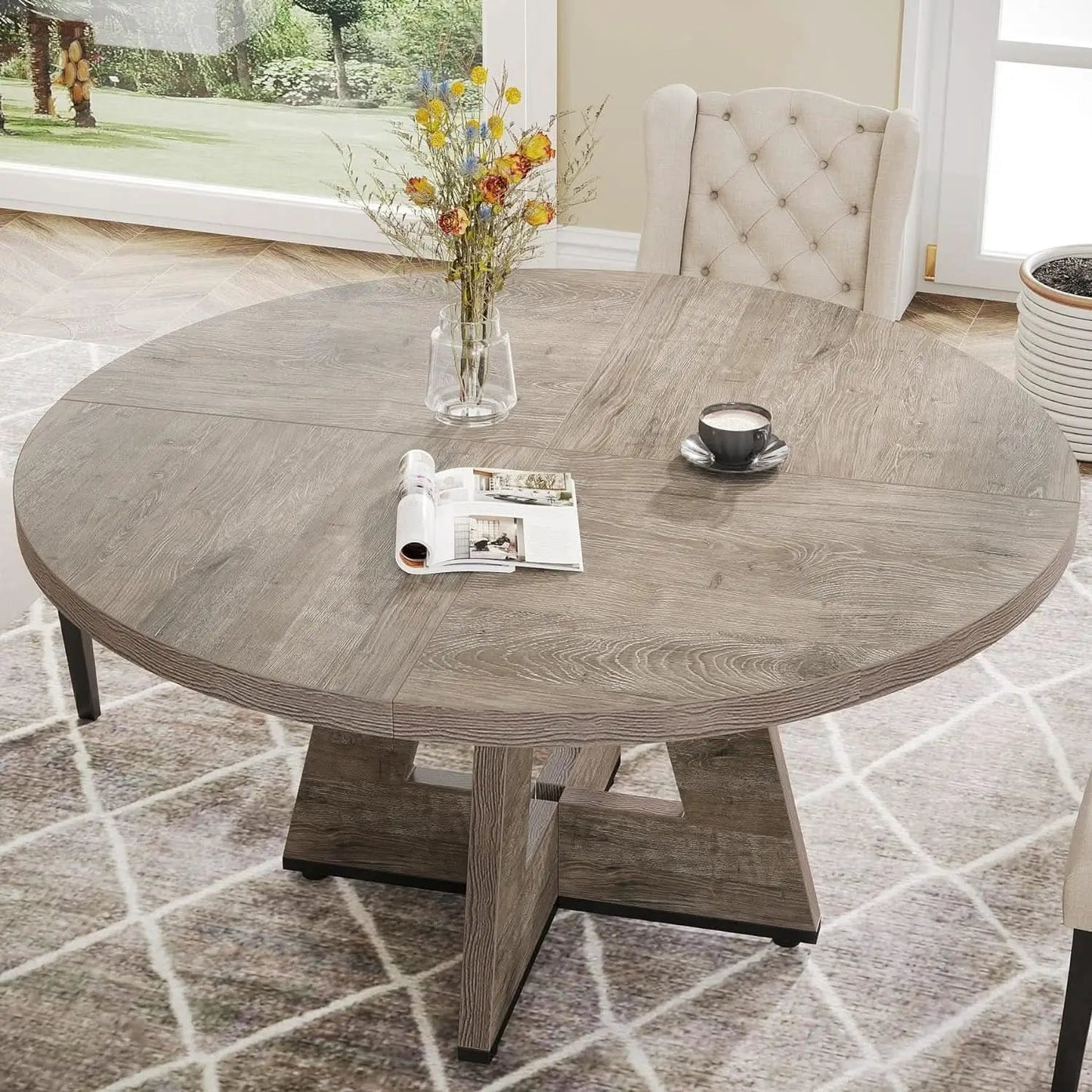 47 Inch Round Farmhouse Dining Table Grey For Four from PriceLows™