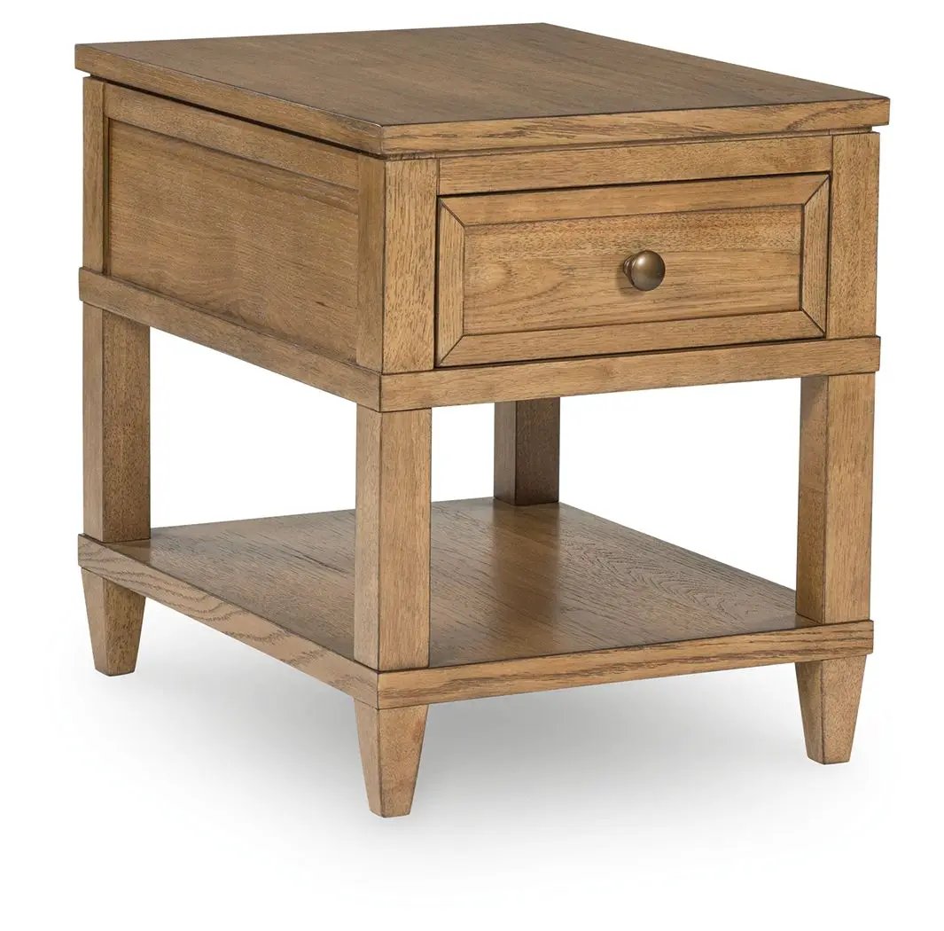 Sharlance Rectangular End Table | Light Brown | 98 Inch Cord Length | Drawer And Bottom Opening