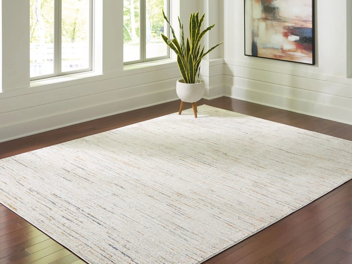 Harjot Area Rug | 94 x 120 Inch | Stripe Design | Cream Tan Gray Blue And Sienna