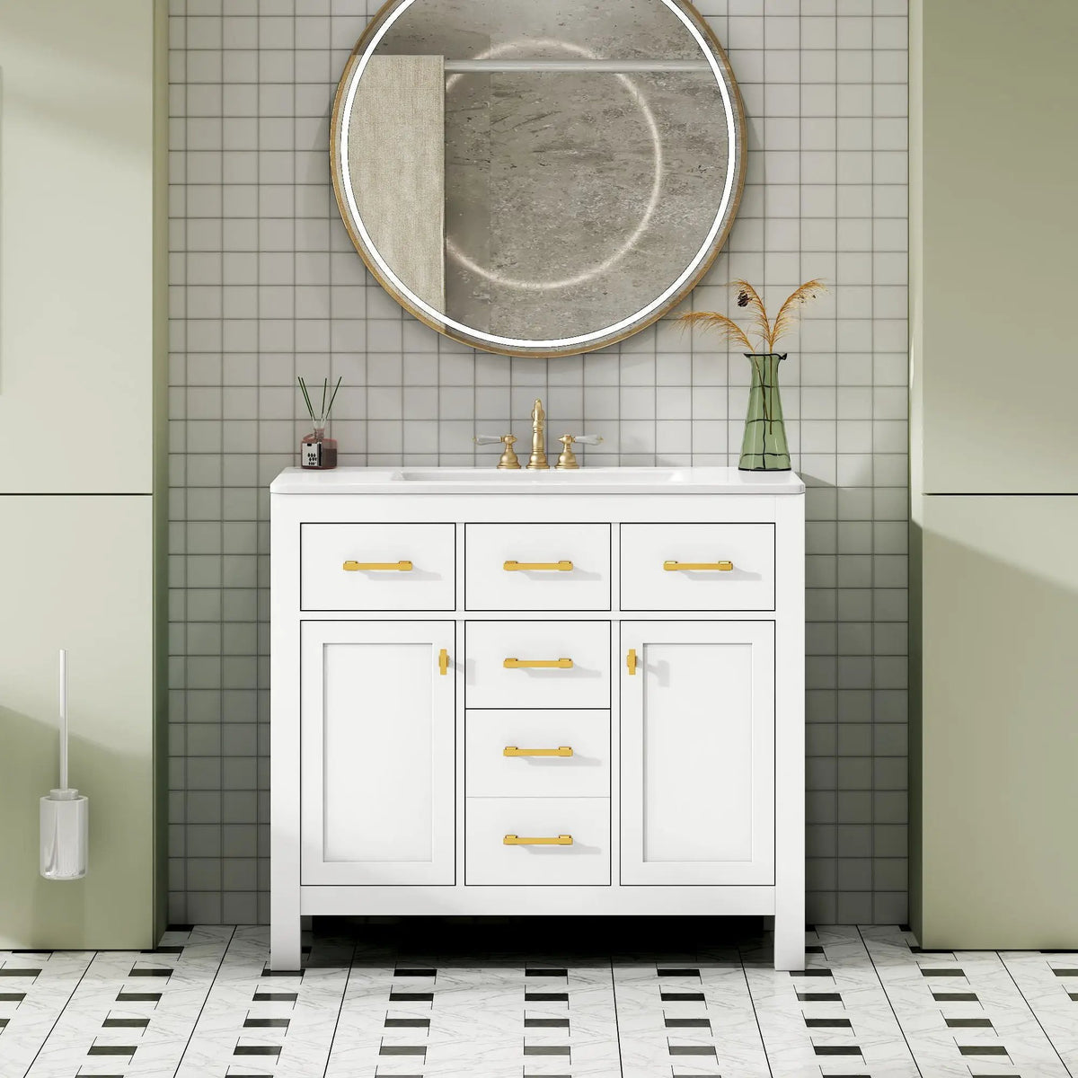 36 Inch Bathroom Vanity | Resin Sink Combo Set | 4 Drawers | Solid Wood Feet