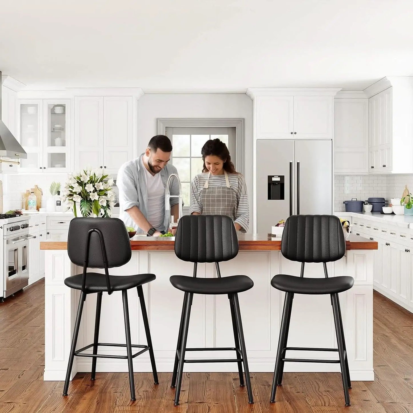 Bar Stools Set 2 24.6In Counter Height Black Faux Leather from PriceLows™