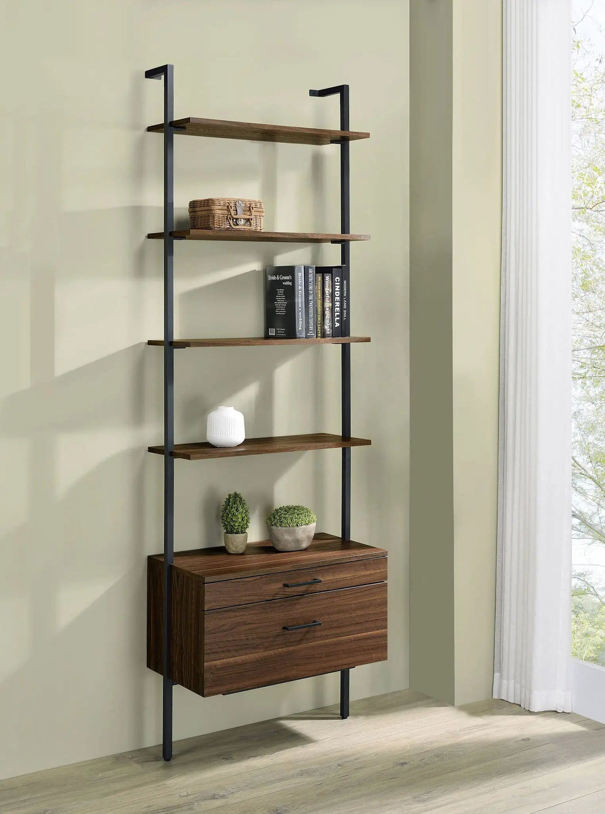 Owens 96-inch 4-shelf Storage Wall Bookshelf Standard Bookcase | 30.75 x 17 x 96 in | Walnut & Metal | Walnut