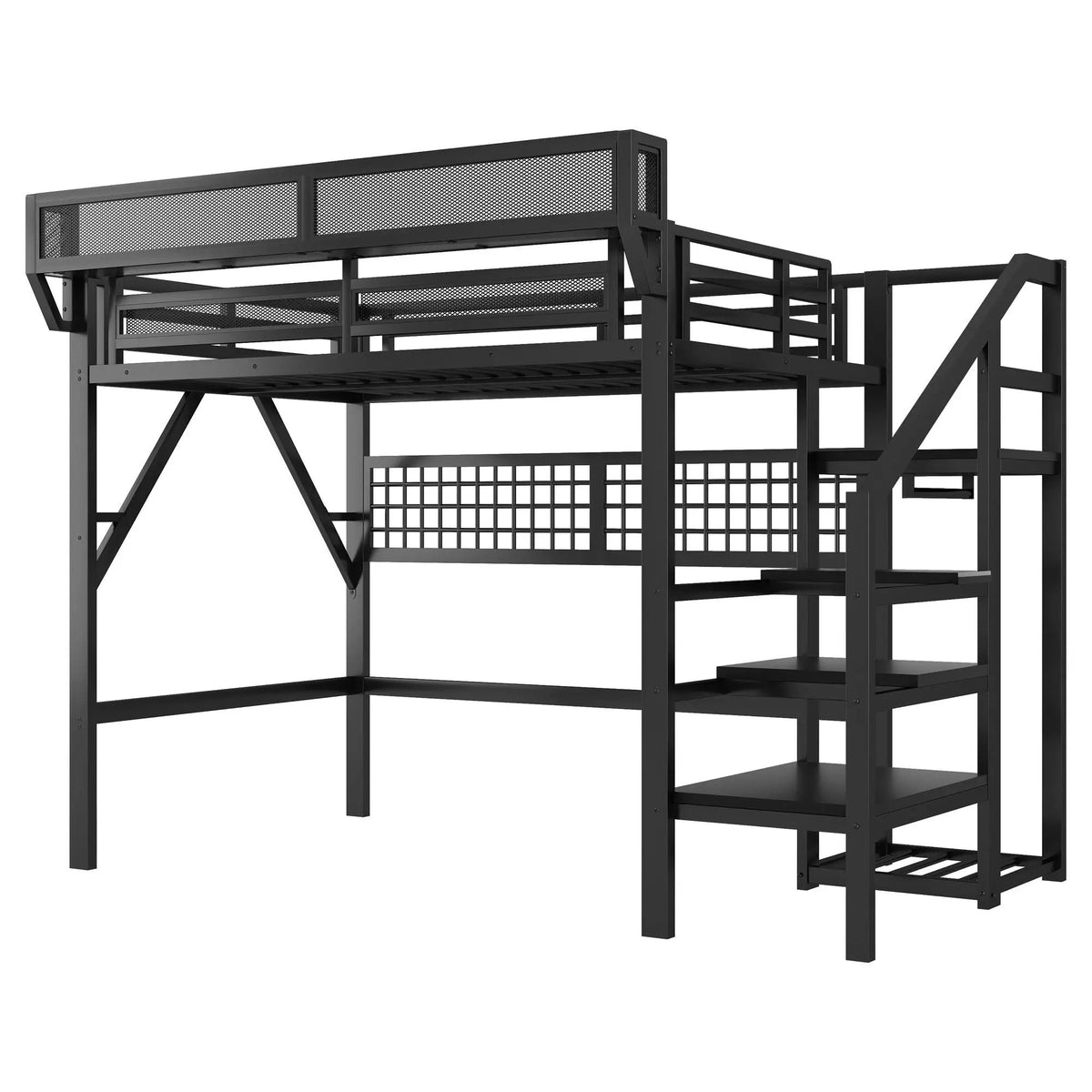 Metal Loft Bed | Integrated Storage Stairs | Upper Safety Shelf
