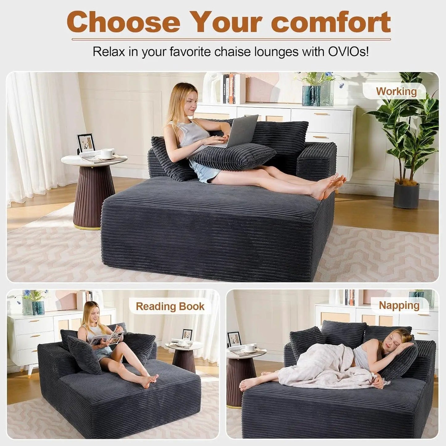 57Inch Luxuriously Plush Corduroy Chaise Lounge Grey from PriceLows™