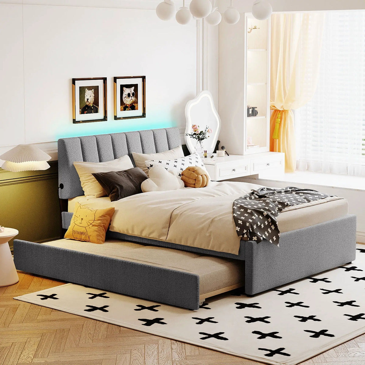 Upholstered Platform Bed | Trundle Included | Comfortable Design | 76 Inch Length