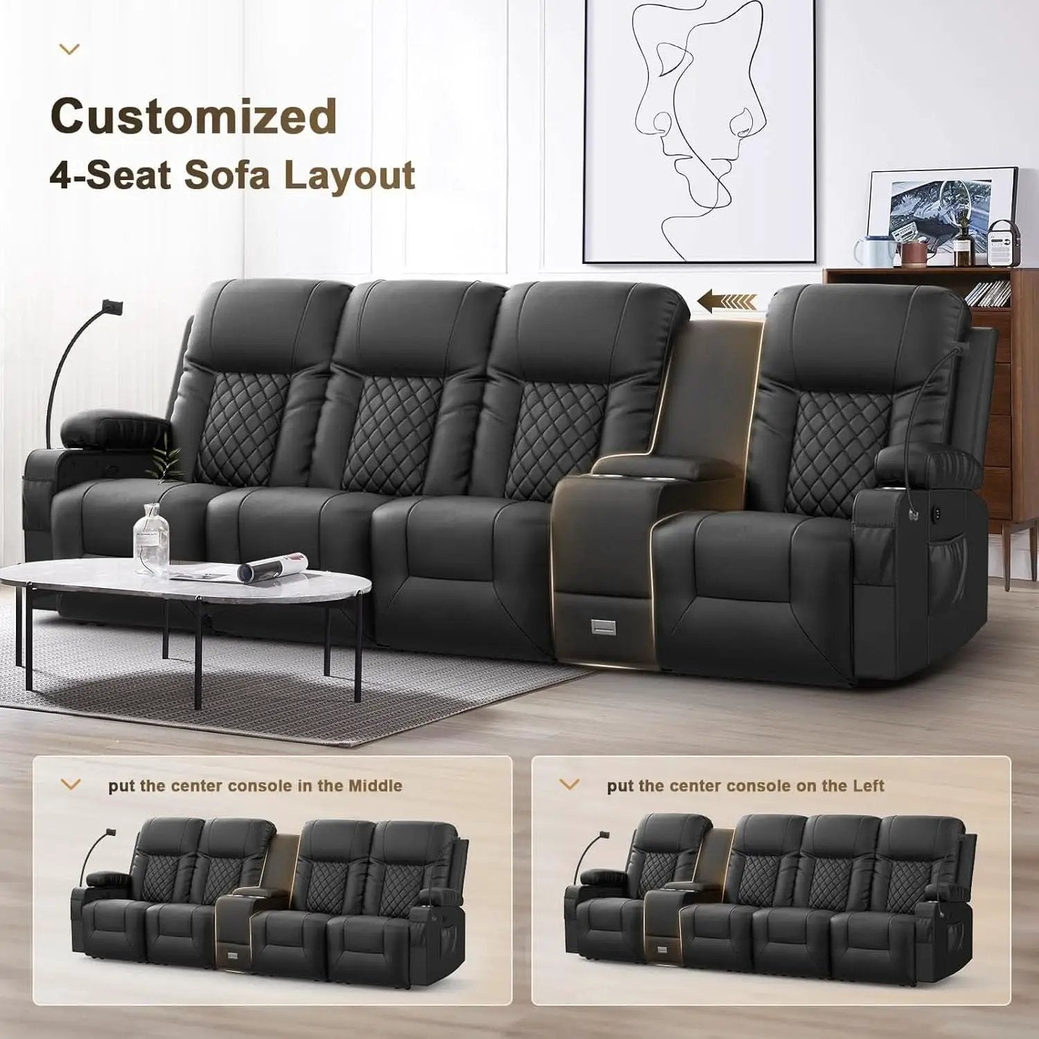 4 Seat Recliner Sofa With USB Ports And Storage Console from PriceLows™