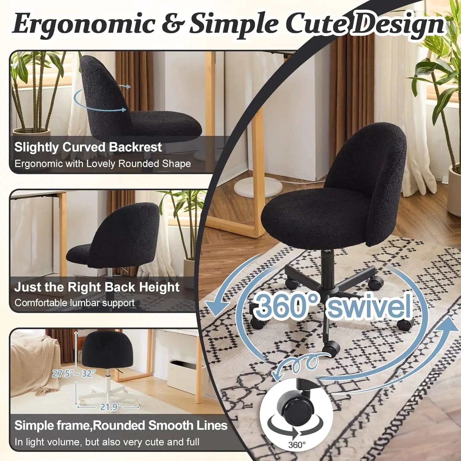 Candy Chair Jet Black Armless Desk Chair With Teddy Fleece from PriceLows™