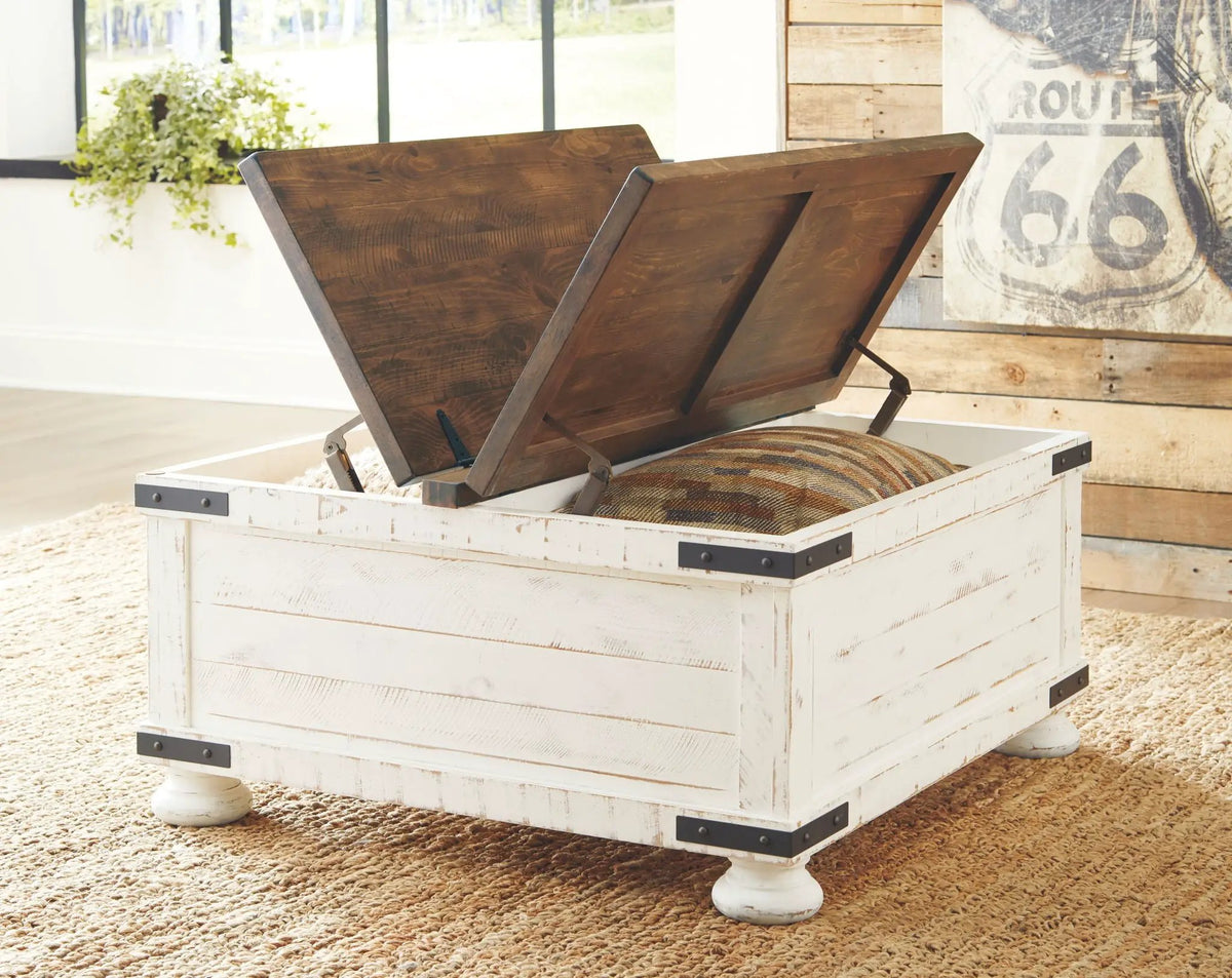 Wystfield Cocktail Table | White And Brown | Distressed Vintage Finish | Door Storage