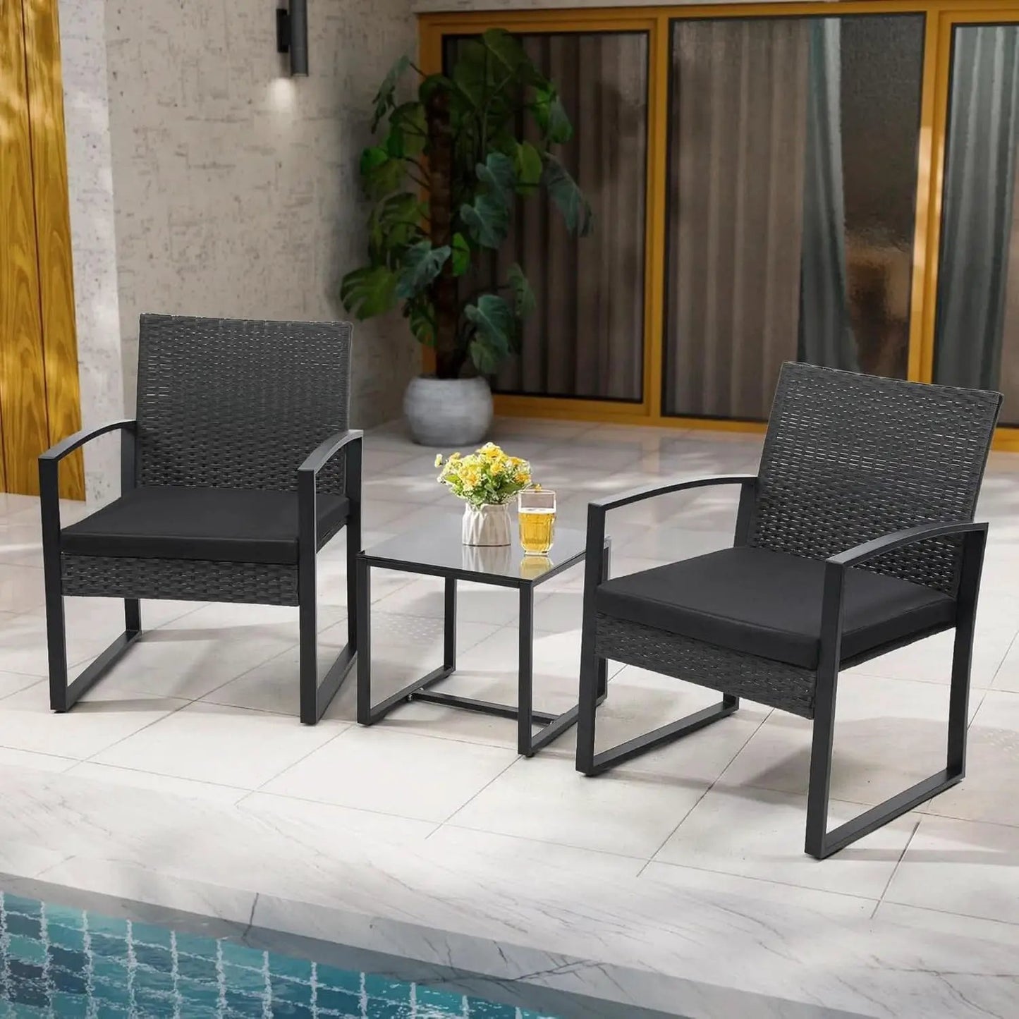 Three Piece Wicker Patio Bistro Set With Coffee Table Black Frame For Balcony Porch And Garden Outdoor from PriceLows™