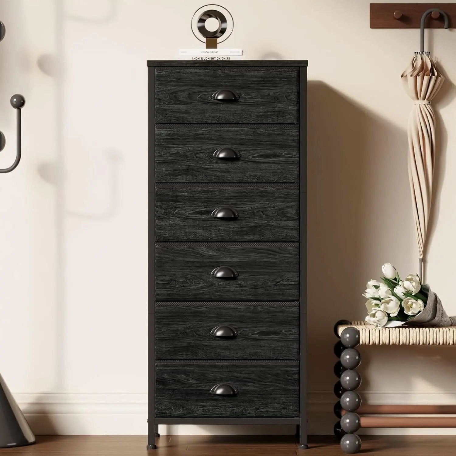 Tall Dresser With 6 Drawers Black Vertical Nightstand from PriceLows™
