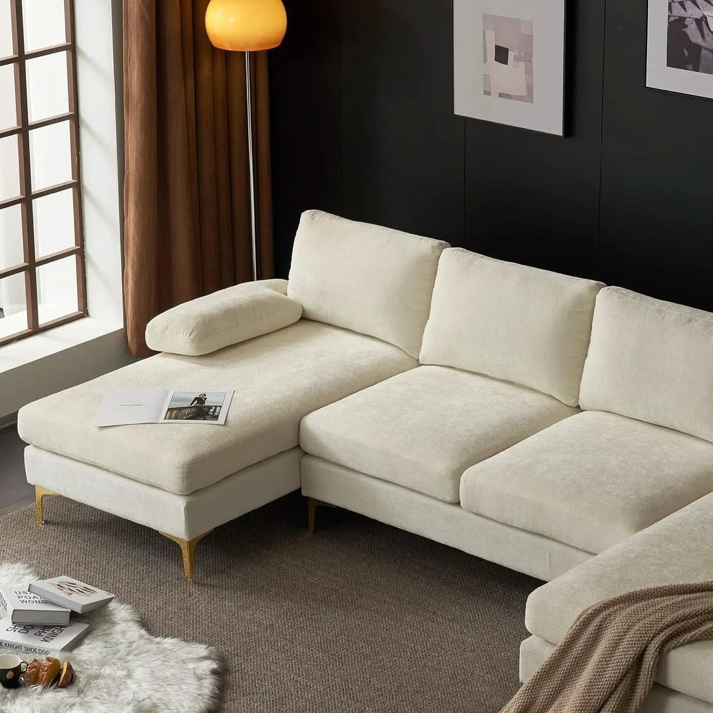 Convertible Sectional Sofa 110 Inch U Shape Creamy White from PriceLows™
