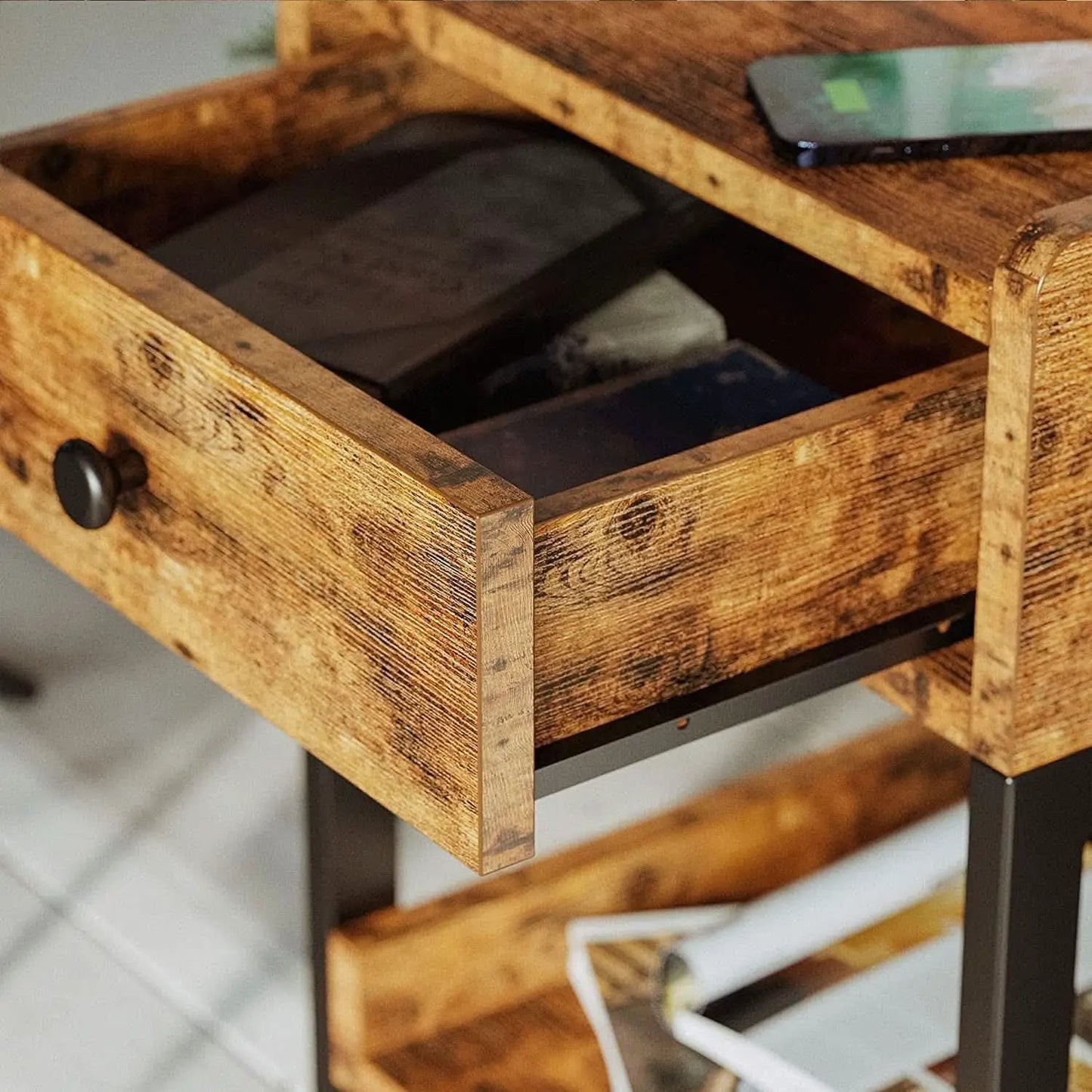 Bedside Table With Charging Station In Vintage Brown from PriceLows™