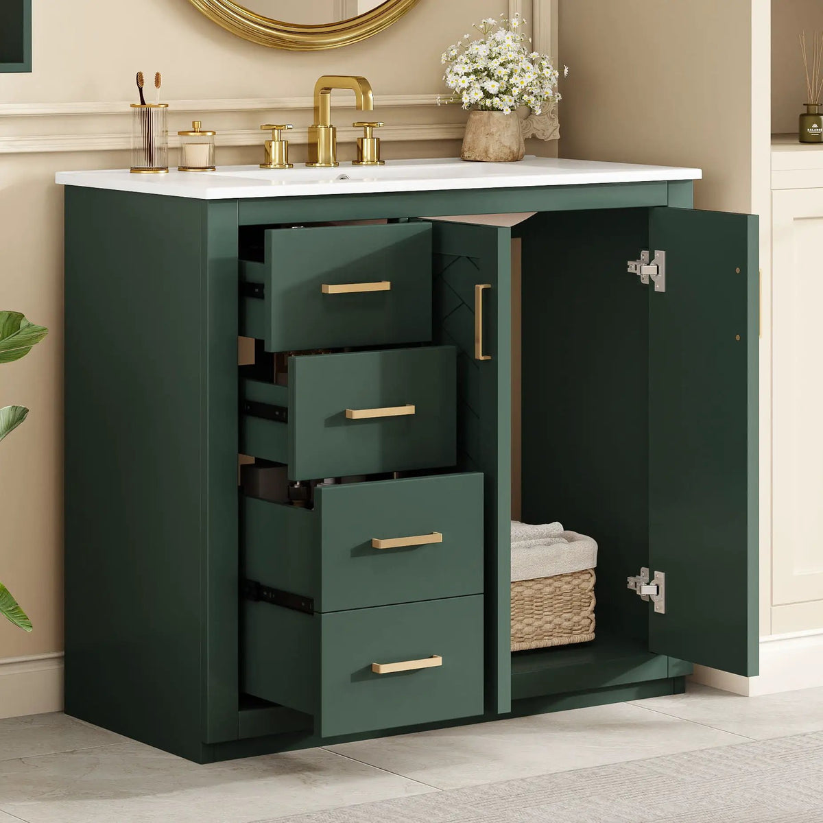 36 Inch Bathroom Vanity | Ceramic Sink Combo | 3 Drawers | Soft Closing Doors