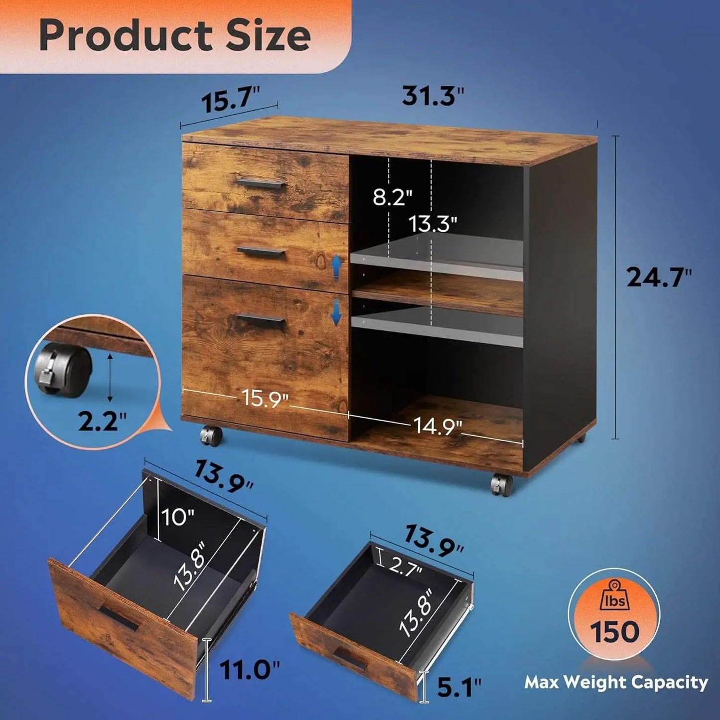 Rustic Brown 3 Drawer Mobile File Cabinet With Open Shelves Printer Stand For Home Office from PriceLows™