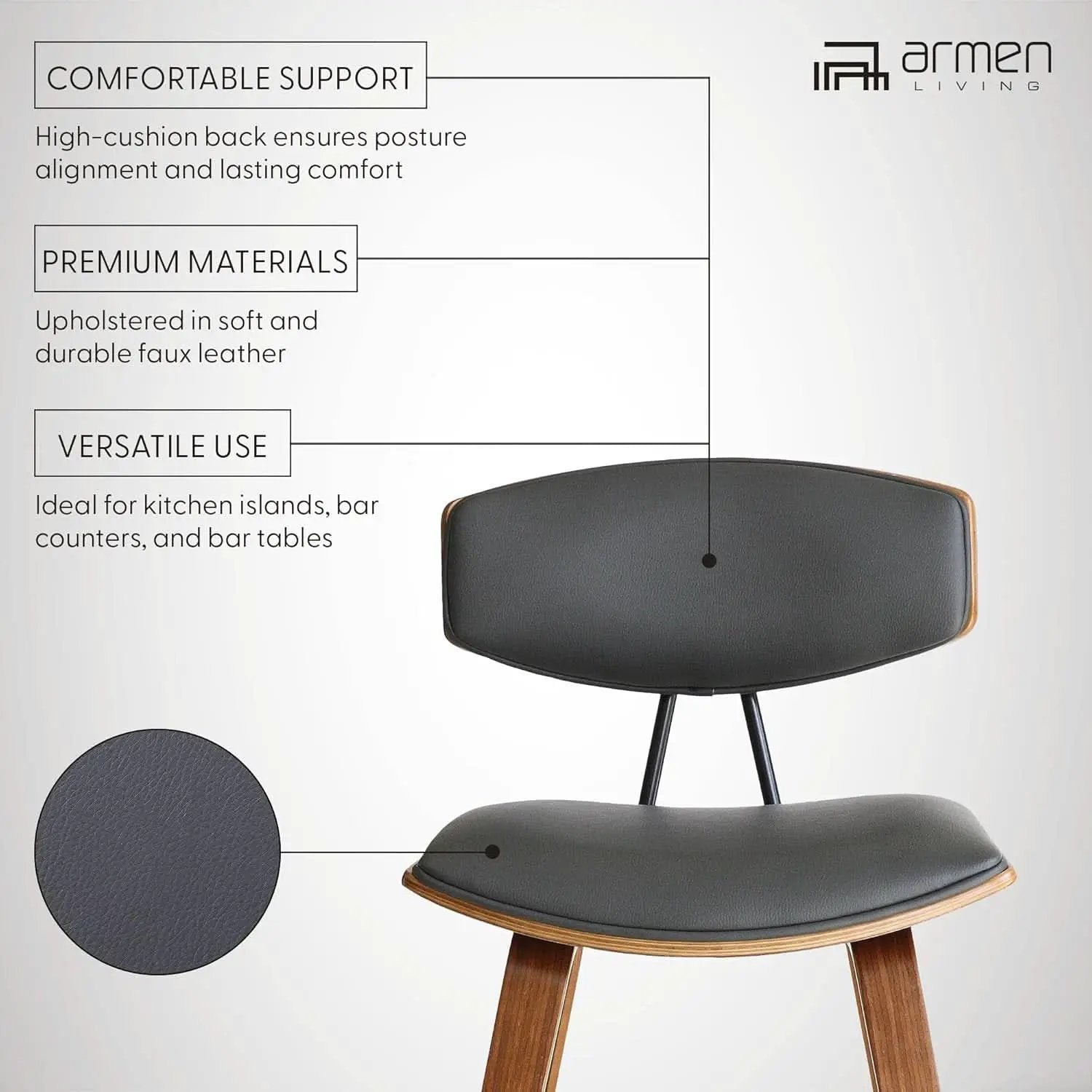 Fox Counter Height Grey Faux Leather Bar Stool Walnut Wood from PriceLows™