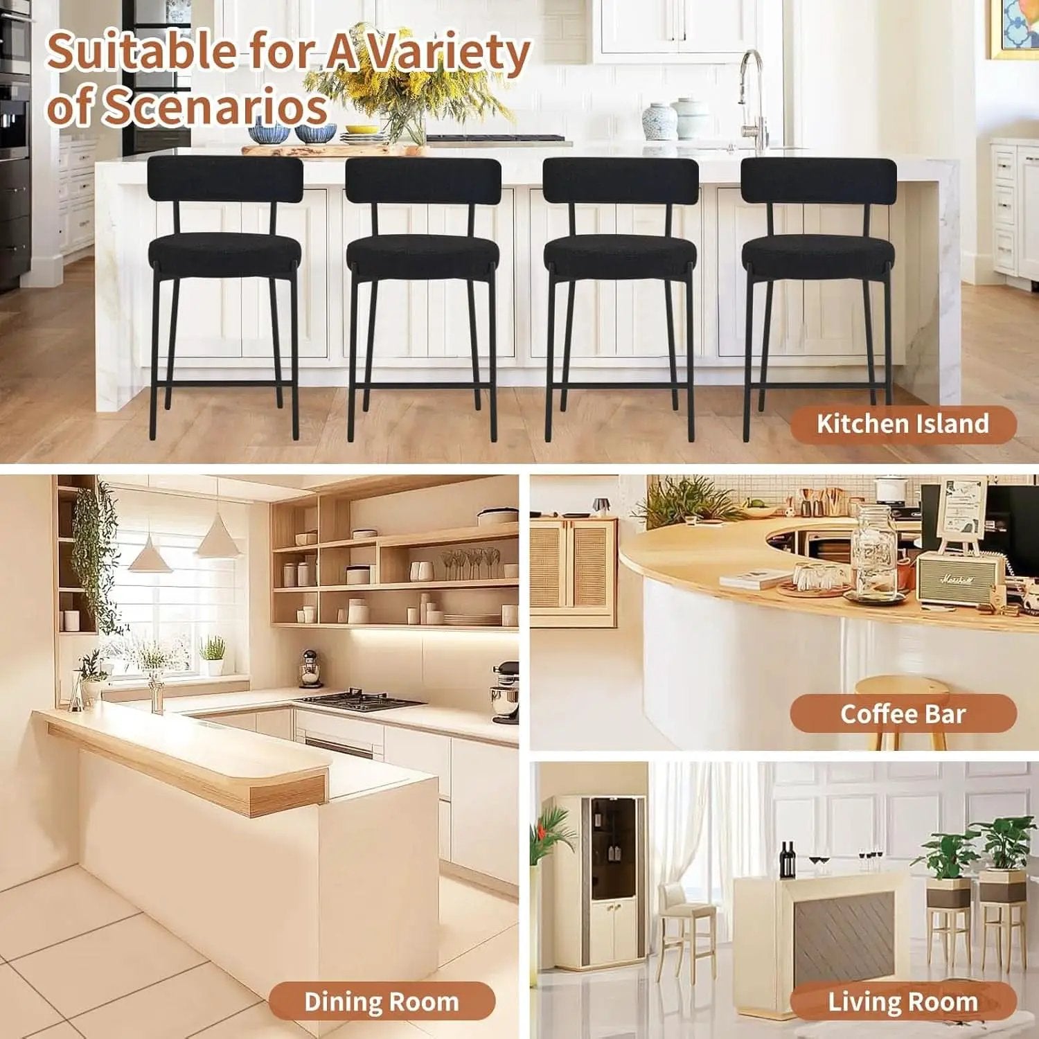 24 Inch Bar Stools Set of 2 Boucle Upholstered Curved Back from PriceLows™