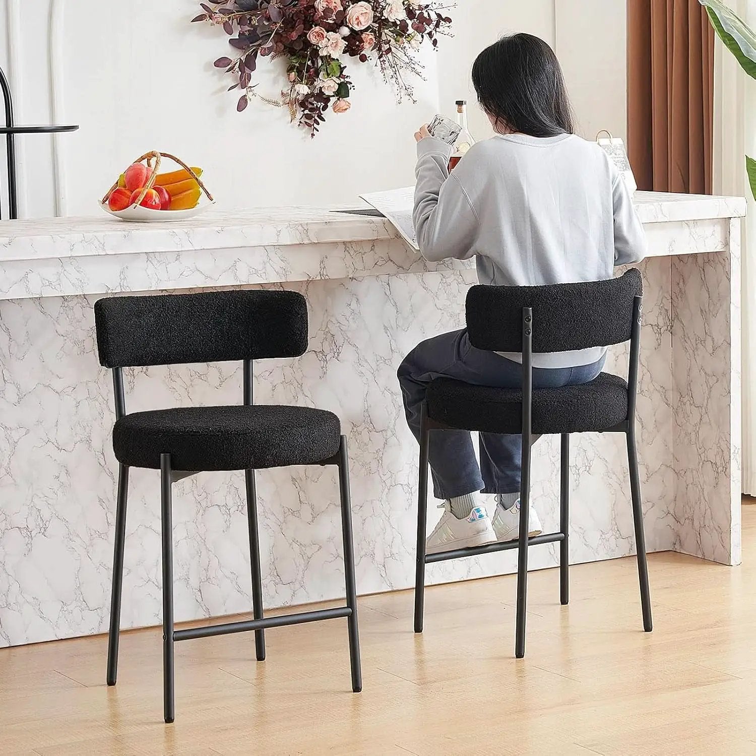 24 Inch Bar Stools Set of 2 Boucle Upholstered Curved Back from PriceLows™