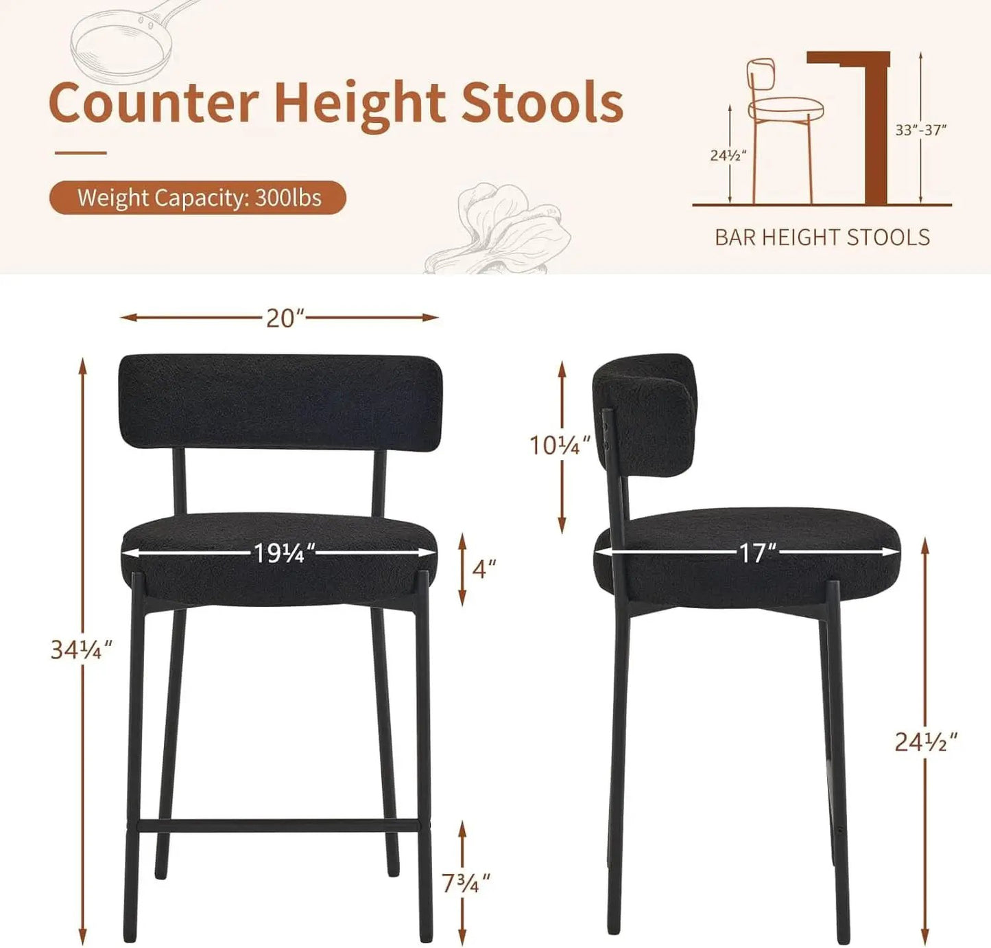 24 Inch Bar Stools Set of 2 Boucle Upholstered Curved Back from PriceLows™