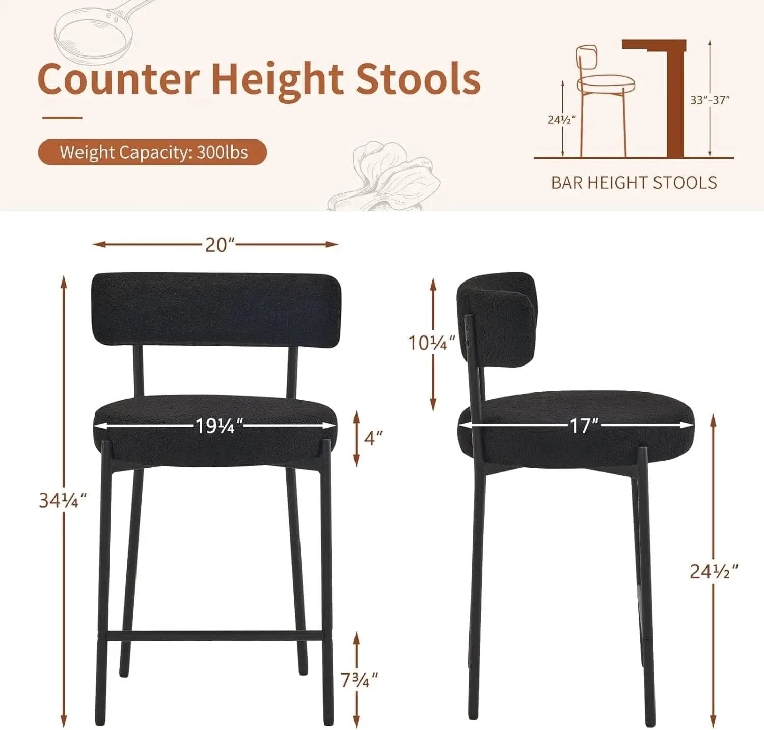 24 Inch Bar Stools Set of 2 Boucle Upholstered Curved Back from PriceLows™