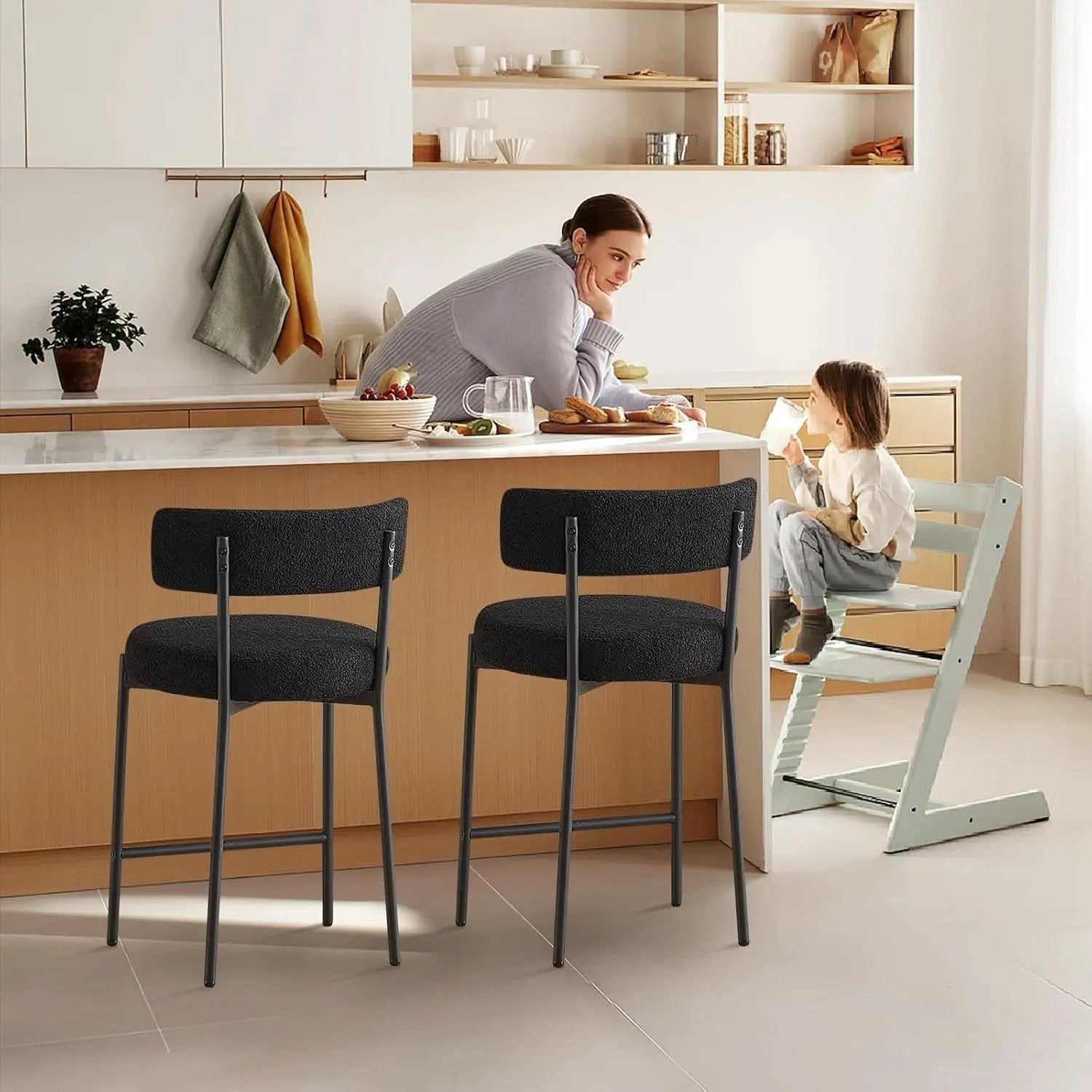 24 Inch Bar Stools Set of 2 Boucle Upholstered Curved Back from PriceLows™