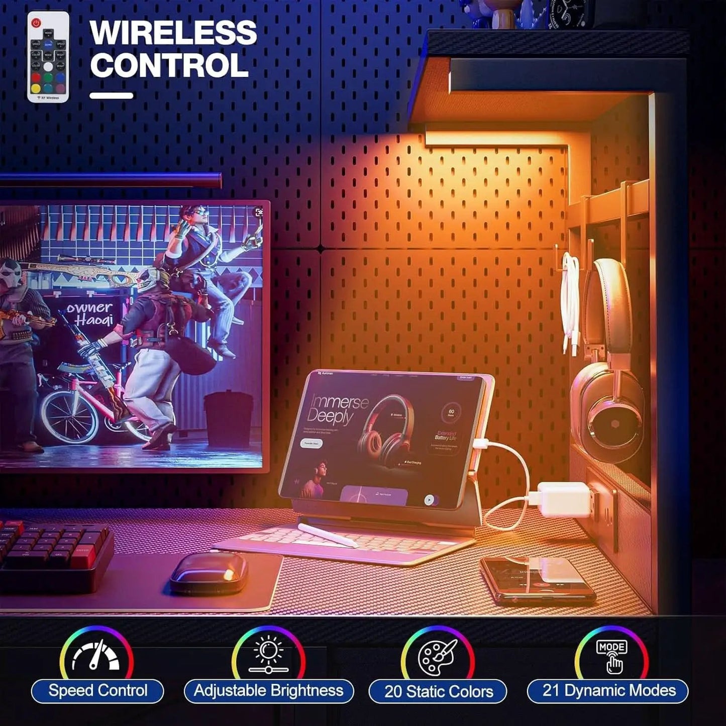 Gaming Desk 55 Inch With Power Outlet And Led Light Carbon Black from PriceLows™