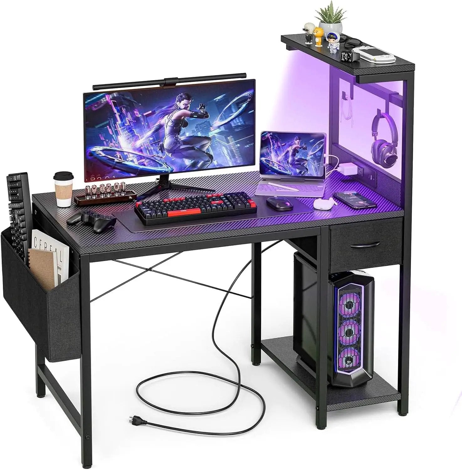 Gaming Desk 55 Inch With Power Outlet And Led Light Carbon Black from PriceLows™