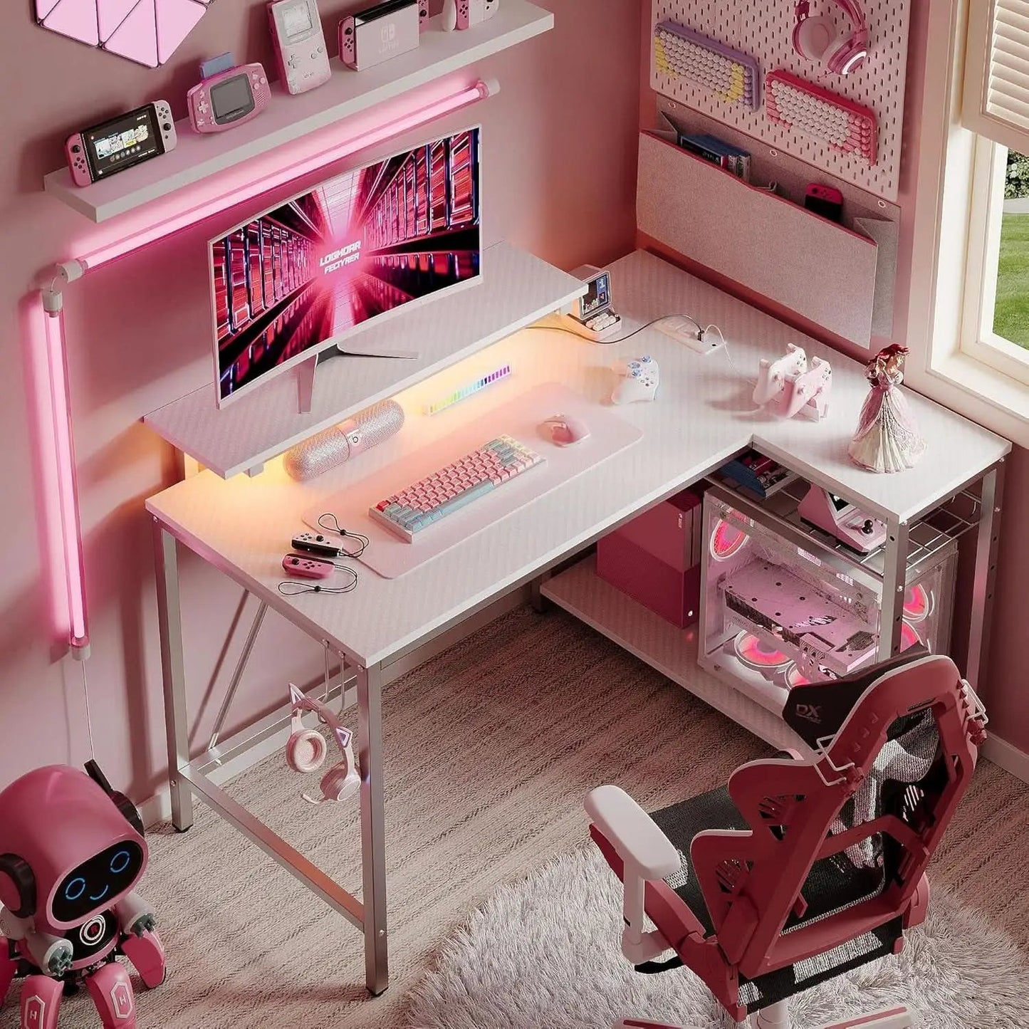 42 Inch L Shaped Gaming Desk With Integrated Power Outlets from PriceLows™