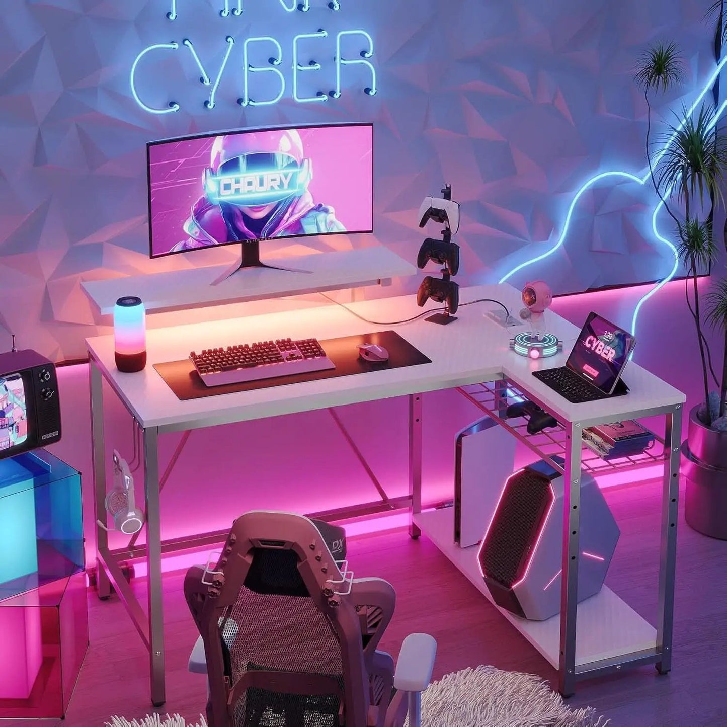 42 Inch L Shaped Gaming Desk With Integrated Power Outlets from PriceLows™