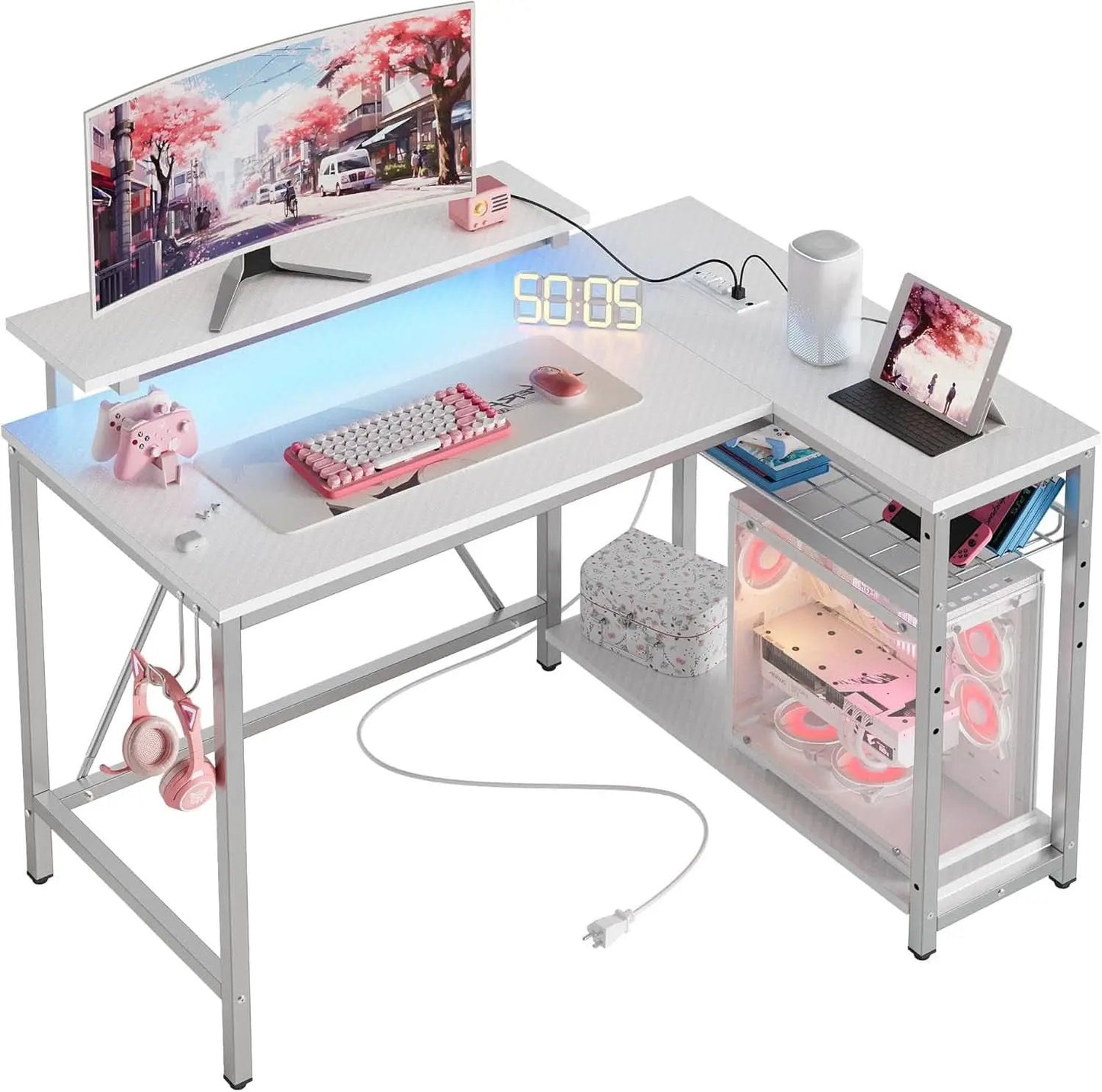 42 Inch L Shaped Gaming Desk With Integrated Power Outlets from PriceLows™