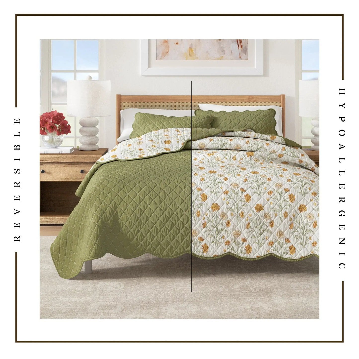 Floral Print & Scallopeded Edge Cotton Quilt Set - Illiana Collection from PriceLows™