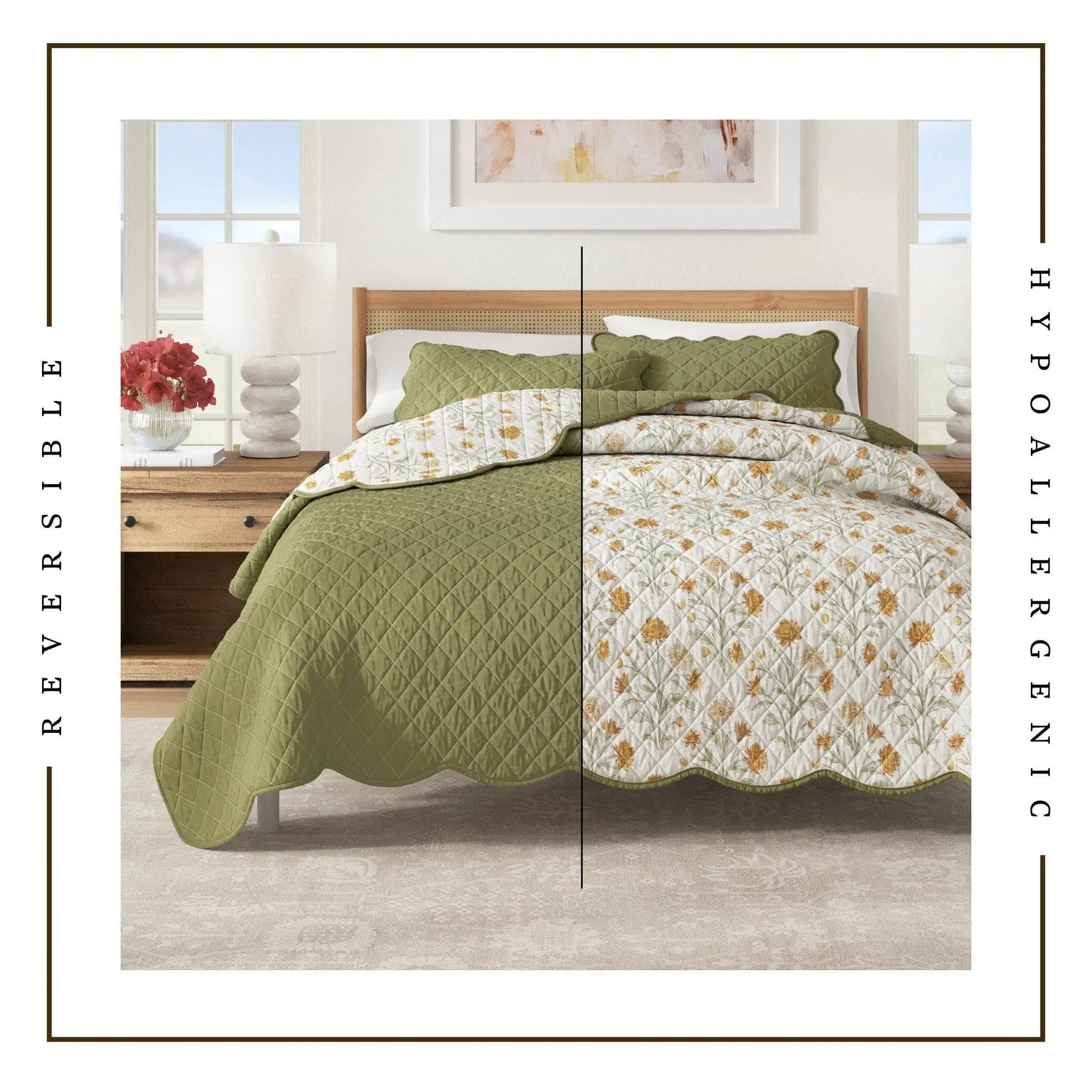 Floral Print & Scallopeded Edge Cotton Quilt Set - Illiana Collection from PriceLows™