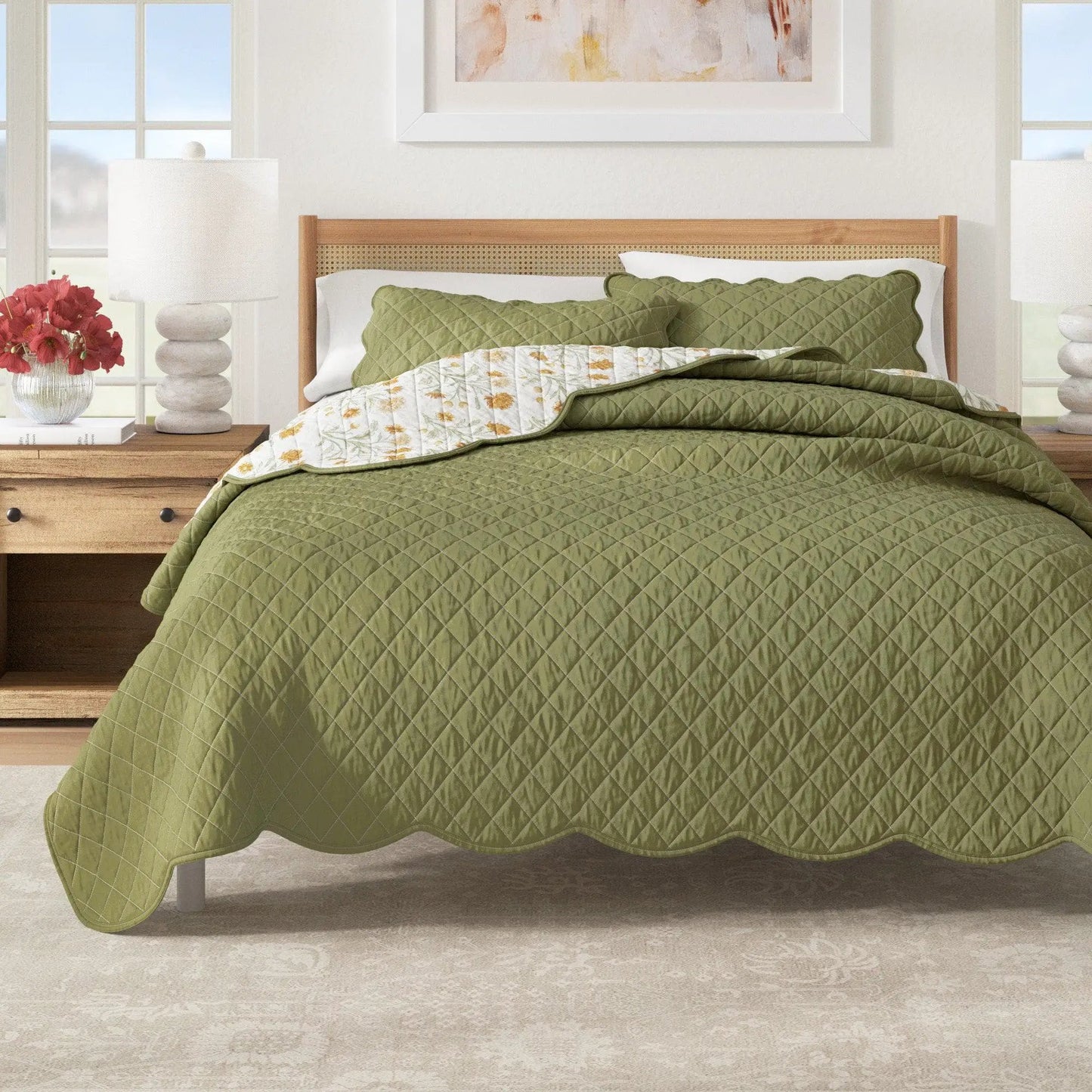 Floral Print & Scallopeded Edge Cotton Quilt Set - Illiana Collection from PriceLows™