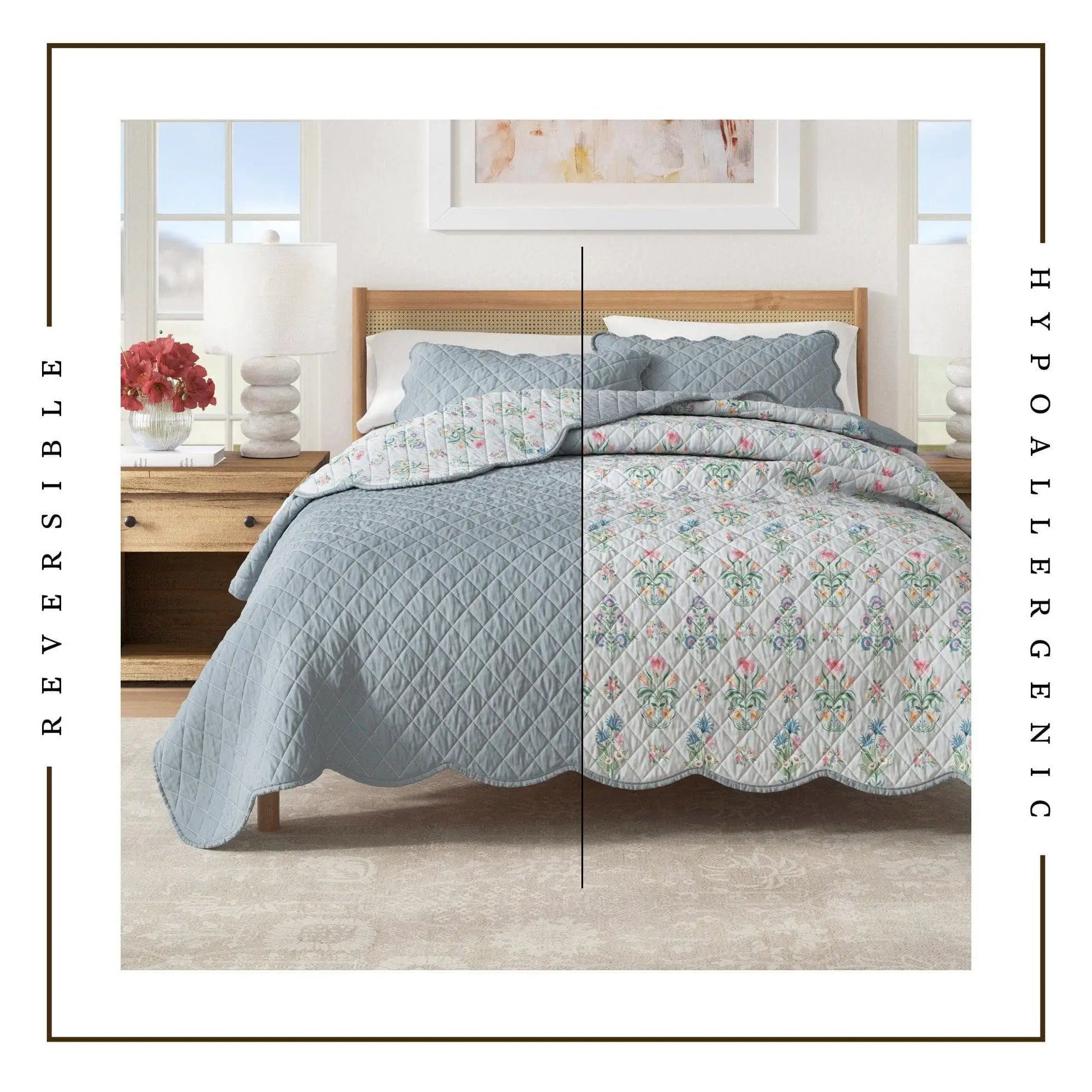 Floral Print & Scallopeded Edge Cotton Quilt Set - Katrin Collection from PriceLows™