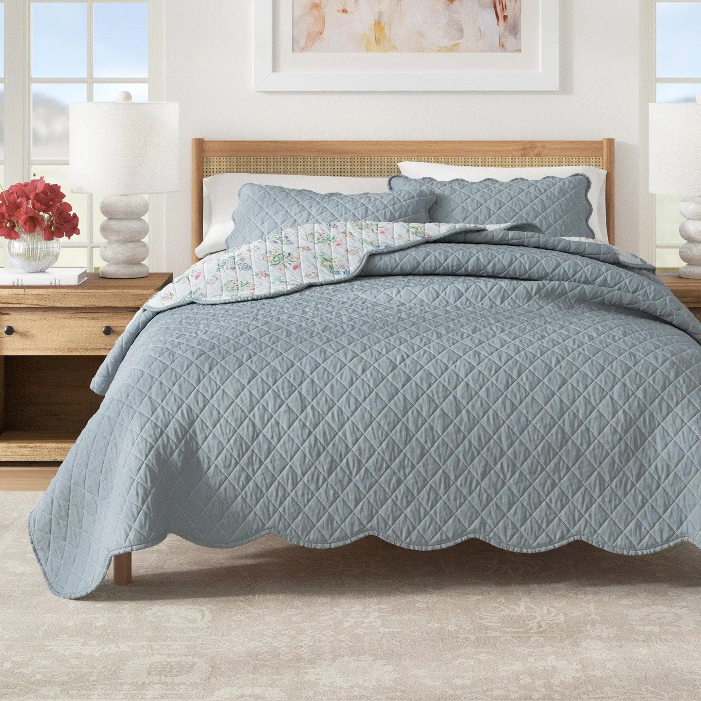 Floral Print & Scallopeded Edge Cotton Quilt Set - Katrin Collection from PriceLows™